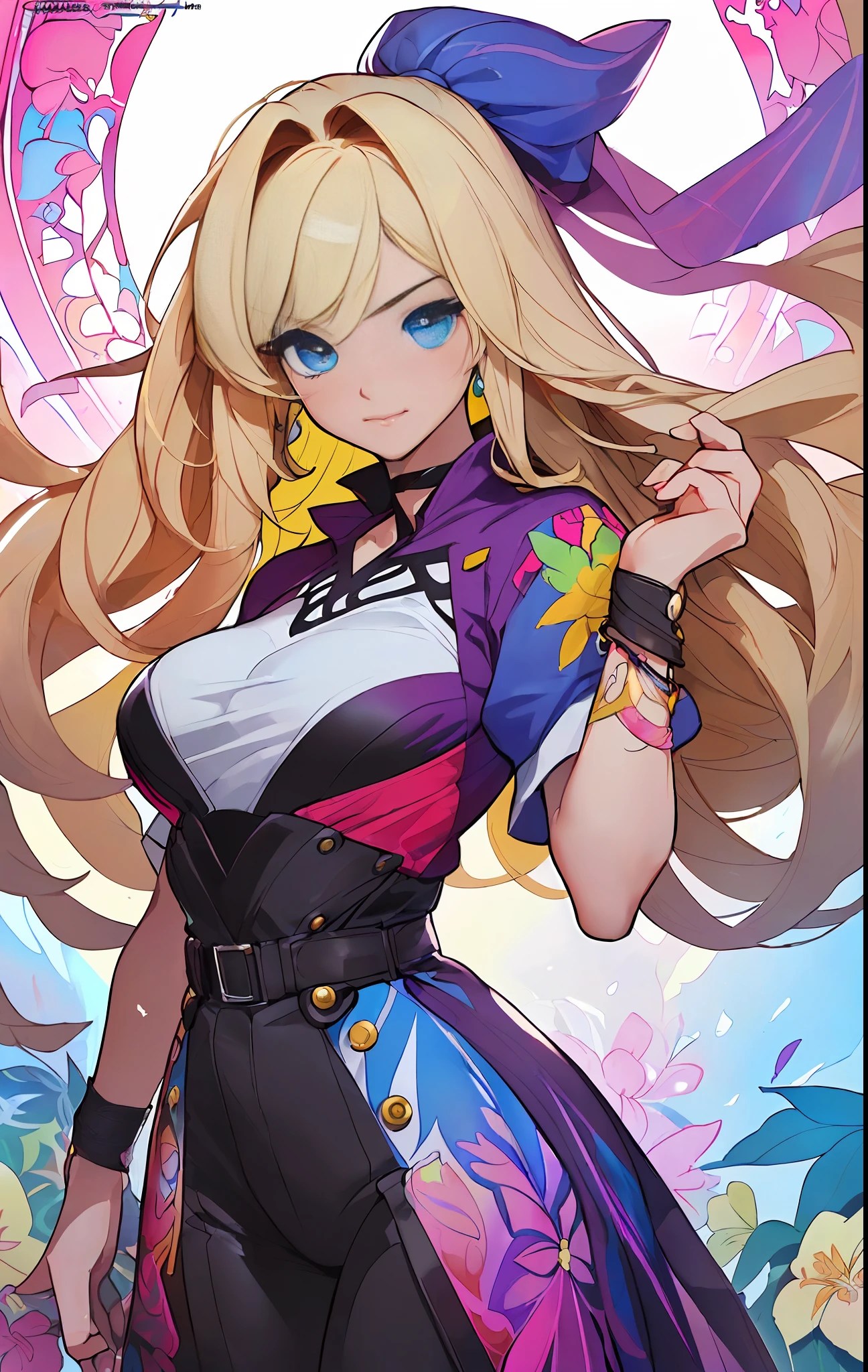 ((((espetacular))) ((heróico)) (((intenso))),background, misto-language_text, letras japonesas em graffit ,garotas, excelente iluminação, sidelighting, (), vhsKeeper,, estilo GUILTY GEAR -STRIVE perfeito ultimate (cor plana: 1.3), (magazine_cover: 1.4), (multicolored_background: 1.3), striped_background, card_background, :: estilo comix por joe madureira :: peças circulares de metais brancas coladas nos braços saindo brilho amarelo cintilante,beautiful woman with long  hair ultra detailed, (beautiful and clear background:1.2),, fantastic paintings ,graffit style,  flowers, olhos altamente detalhados , a t-shirt or dressed in a white blouse underneath, with both fists in a fighting position, and bracelets, fighting against an enemy, with long black hair , stained glass colored,  out, vibrant, alphonse mucha style, fantastic paintings by joe madureira  ,high quality,  art,kelly brook beautiful woman with long blonde hair  , freedom, soul, digital illustration, comic style, perfect ???????, centered, approaching perfection, dynamic, highly detailed, watercolor painting, artstation, concept art, smooth, sharp focus, illustration, art by carne griffiths and wadim kashin,big  breast,alone anime girl with a medium lenght pose and cute clothes, short pastel blonde hair , heterochromia, perfect ???????