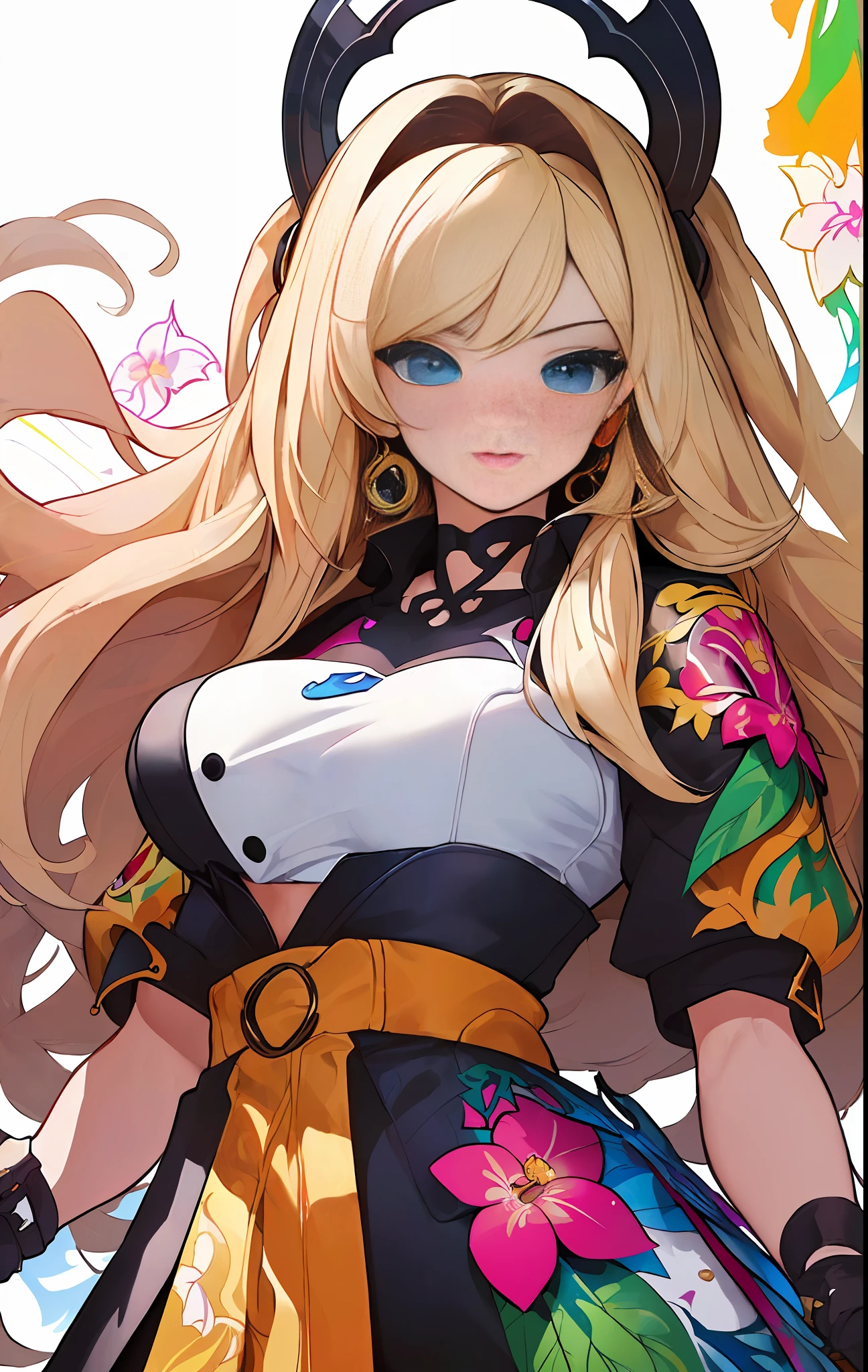 ((((espetacular))) ((heróico)) (((intenso))),background, misto-language_text, letras japonesas em graffit ,garotas, excelente iluminação, sidelighting, (), vhsKeeper,, estilo GUILTY GEAR -STRIVE perfeito ultimate (cor plana: 1.3), (magazine_cover: 1.4), (multicolored_background: 1.3), striped_background, card_background, :: estilo comix por joe madureira :: peças circulares de metais brancas coladas nos braços saindo brilho amarelo cintilante,beautiful woman with long hair ultra detailed, (beautiful and clear background:1.2),, fantastic paintings ,graffit style, flowers, olhos altamente detalhados , a t-shirt or dressed in a white blouse underneath, with both fists in a fighting position, and bracelets, fighting against an enemy, with long black hair , stained glass colored, out, vibrant, alphonse mucha style, fantastic paintings by joe madureira ,high quality, art,kelly brook beautiful woman with long blonde hair , freedom, soul, digital illustration, comic style, perfect anatomy, centered, approaching perfection, dynamic, highly detailed, watercolor painting, artstation, concept art, smooth, sharp focus, illustration, art by carne griffiths and wadim kashin,big breast,alone anime girl with a medium lenght pose and cute clothes, short pastel blonde hair , heterochromia, perfect anatomy