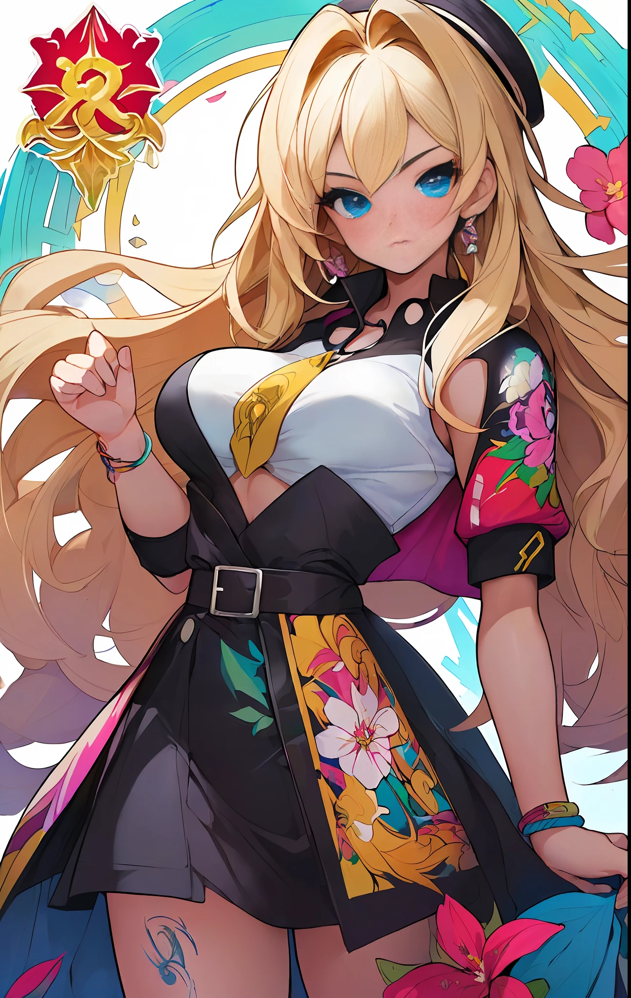((((espetacular))) ((heróico)) (((intenso))),background, misto-language_text, letras japonesas em graffit ,garotas, excelente iluminação, sidelighting, (), vhsKeeper,, estilo GUILTY GEAR -STRIVE perfeito ultimate (cor plana: 1.3), (magazine_cover: 1.4), (multicolored_background: 1.3), striped_background, card_background, :: estilo comix por joe madureira :: peças circulares de metais brancas coladas nos braços saindo brilho amarelo cintilante,beautiful woman with long hair ultra detailed, (beautiful and clear background:1.2),, fantastic paintings ,graffit style, flowers, olhos altamente detalhados , a t-shirt or dressed in a white blouse underneath, with both fists in a fighting position, and bracelets, fighting against an enemy, with long black hair , stained glass colored, out, vibrant, alphonse mucha style, fantastic paintings by joe madureira ,high quality, art,kelly brook beautiful woman with long blonde hair , freedom, soul, digital illustration, comic style, perfect anatomy, centered, approaching perfection, dynamic, highly detailed, watercolor painting, artstation, concept art, smooth, sharp focus, illustration, art by carne griffiths and wadim kashin,big breast,alone anime girl with a medium lenght pose and cute clothes, short pastel blonde hair , heterochromia, perfect anatomy
