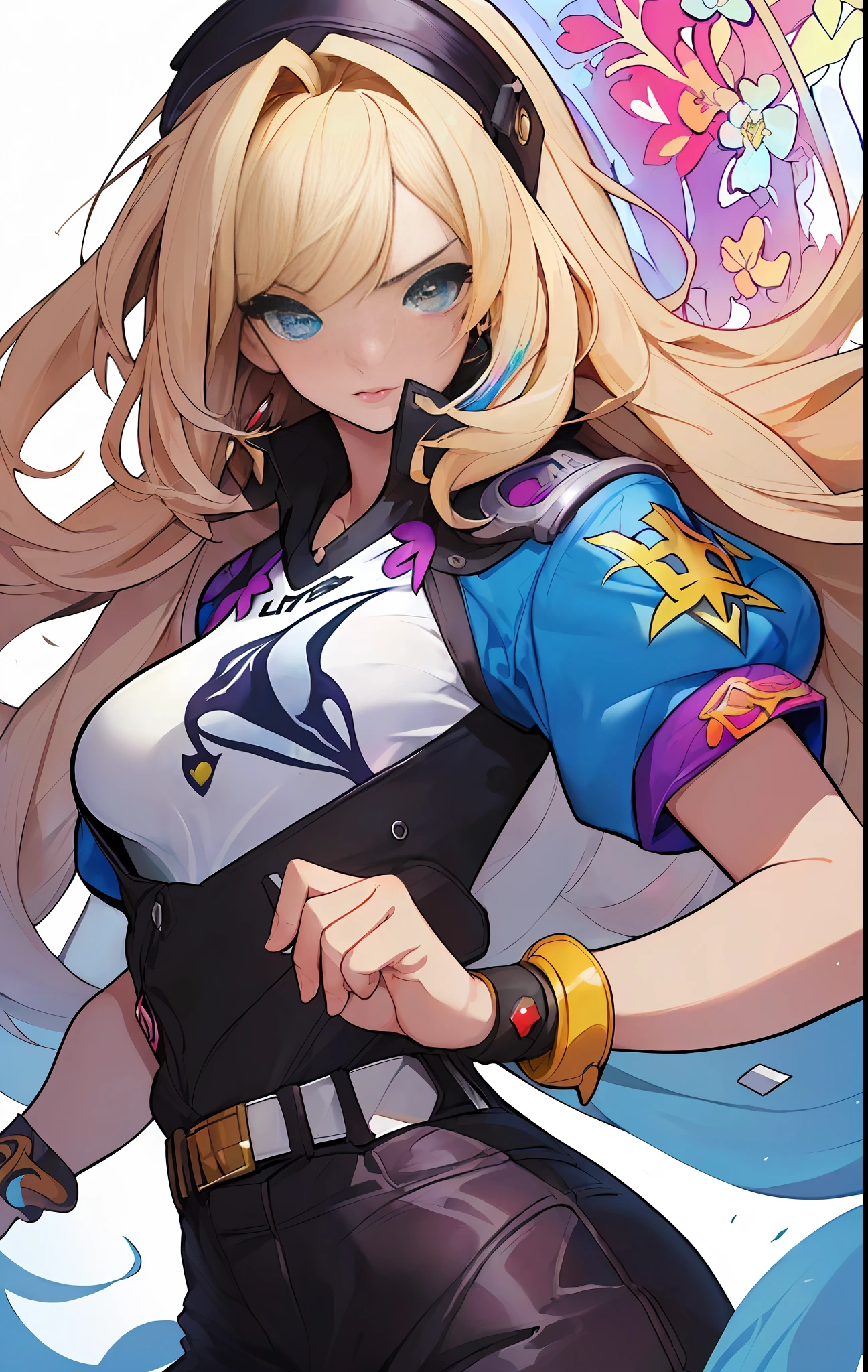 ((((espetacular))) ((heróico)) (((intenso))),background, misto-language_text, letras japonesas em graffit ,garotas, excelente iluminação, sidelighting, (), vhsKeeper,, estilo GUILTY GEAR -STRIVE perfeito ultimate (cor plana: 1.3), (magazine_cover: 1.4), (multicolored_background: 1.3), striped_background, card_background, :: estilo comix por joe madureira :: peças circulares de metais brancas coladas nos braços saindo brilho amarelo cintilante,beautiful woman with long hair ultra detailed, (beautiful and clear background:1.2),, fantastic paintings ,graffit style, flowers, olhos altamente detalhados , a t-shirt or dressed in a white blouse underneath, with both fists in a fighting position, and bracelets, fighting against an enemy, with long black hair , stained glass colored, out, vibrant, alphonse mucha style, fantastic paintings by joe madureira ,high quality, art,kelly brook beautiful woman with long blonde hair , freedom, soul, digital illustration, comic style, perfect anatomy, centered, approaching perfection, dynamic, highly detailed, watercolor painting, artstation, concept art, smooth, sharp focus, illustration, art by carne griffiths and wadim kashin,big breast,alone anime girl with a medium lenght pose and cute clothes, short pastel blonde hair , heterochromia, perfect anatomy