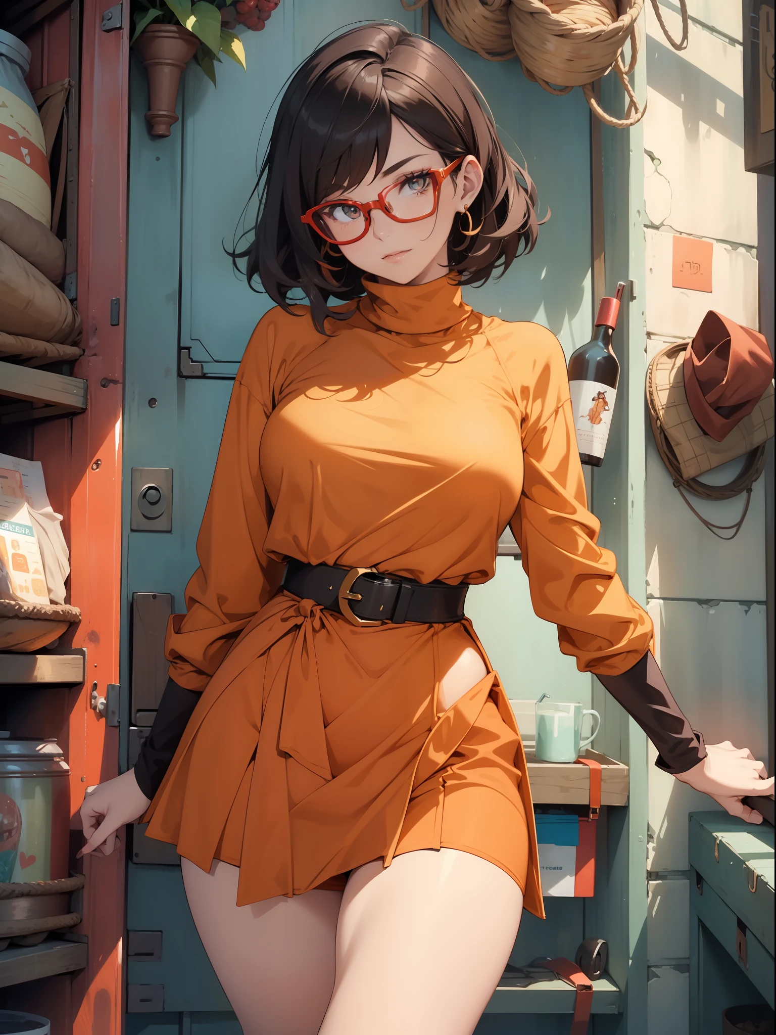 (((waist up))), (((perfect body))), (((voluptuous))), (((hot))), thick thighs, Velma Dace Dinkley teenager (from the Scooby-Doo series), posing for self with a ghost behind her, arm stretched out for freight as if she were holding a cell phone, comedic scene, perfect body, gorgeous and intelligent face, front view, mini skirt, glasses, big breasts, hot, short brown hair, orange turtleneck blouse, red skirt, waist up