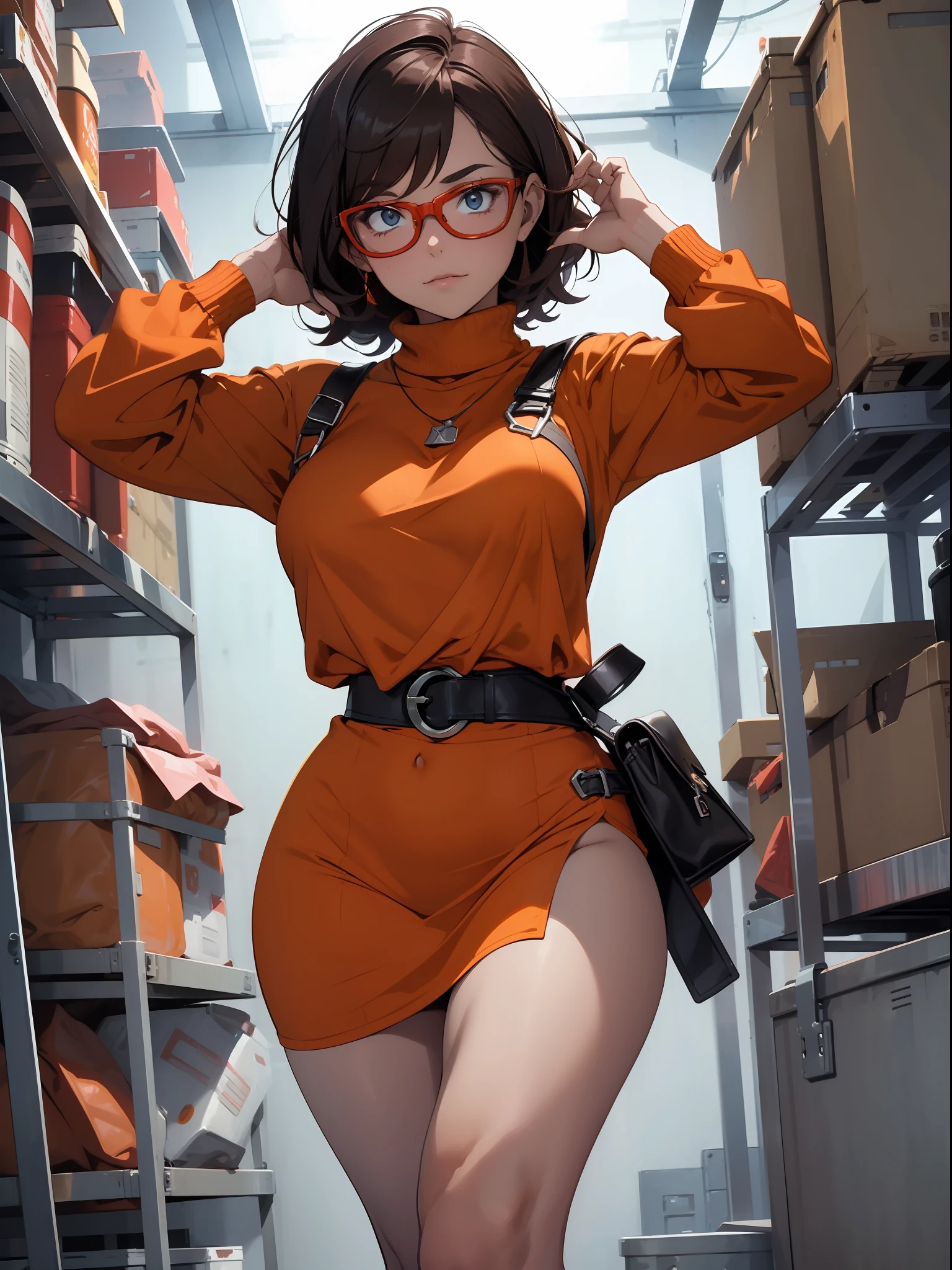 (((waist up))), (((perfect body))), (((voluptuous))), (((hot))), thick thighs, Velma Dace Dinkley teenager (from the Scooby-Doo series), posing for self with a ghost behind her, arm stretched out for freight as if she were holding a cell phone, comedic scene, perfect body, gorgeous and intelligent face, front view, mini skirt, glasses, big breasts, hot, short brown hair, orange turtleneck blouse, red skirt, waist up