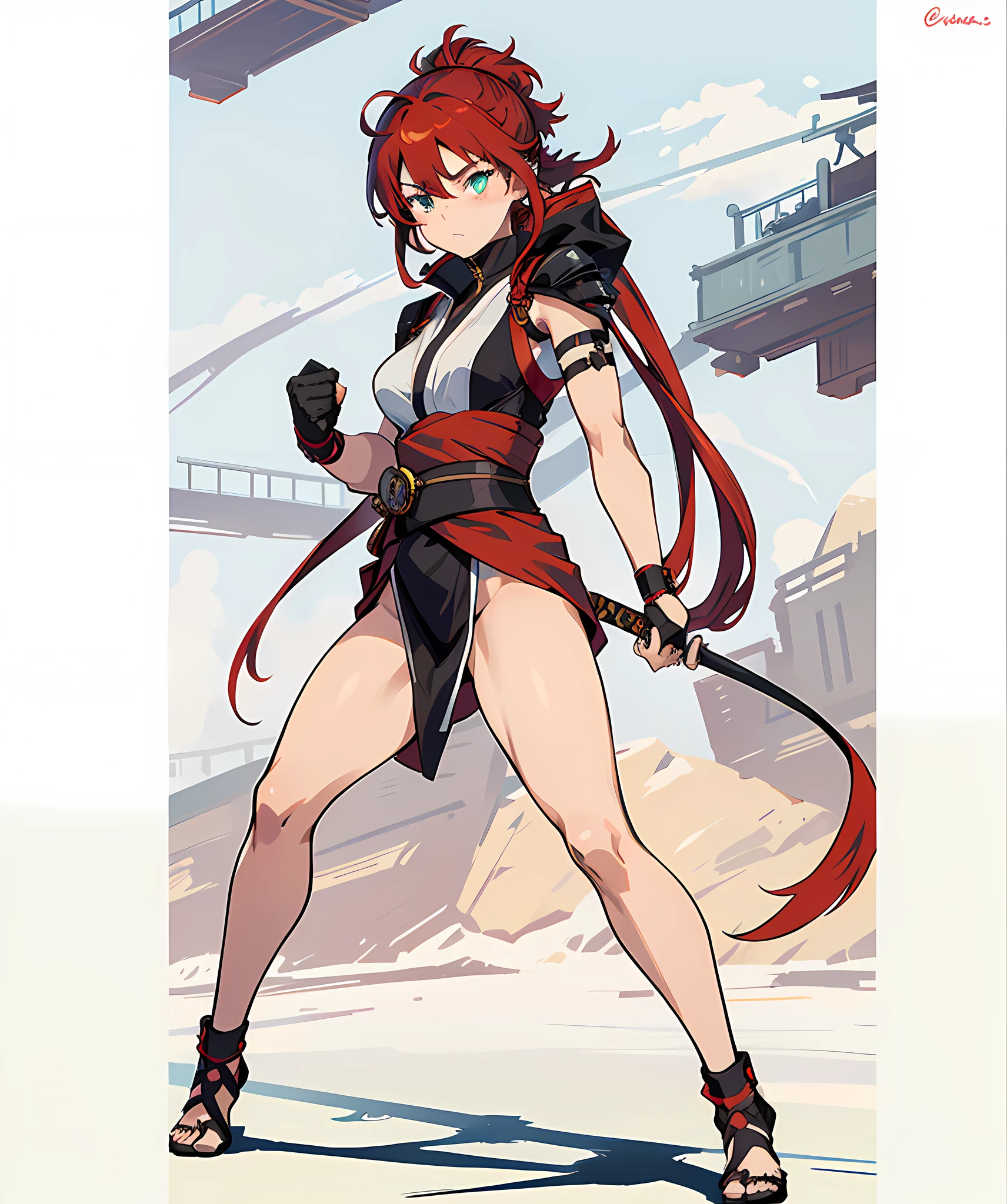 The red-haired ninja is an agile and mysterious figure, specializing in the shadow arts and martial arts. Her long red hair cascades down, adding a touch of intensity and exoticism to her appearance.
She has piercing and expressive eyes, of a mesmerizing shade of green or amber. Her face displays an intriguing combination of delicacy and determination, evidencing her dexterity as a warrior.
Dressed in a traditional ninja costume, she carries with her a full arsenal of ninja weapons. A sharp katana rests on his back, symbolizing his mastery of the art of the sword. In addition, she has several shurikens and kunais strapped to her pockets and belt, ready to be used in a time of need.
His slender and athletic body is the result of arduous and constant training. Her agility and dexterity allow her to move silently in the shadows, gliding like a ghost.
The red-haired ninja also wears a body-adjusted suit, which provides freedom of movement and facilitates the execution of her acrobatic skills. The outfit, in shades of red and black, is complemented by golden details, giving it an elegant and imposing appearance.
In addition to physical weapons, she masters techniques of illusion and manipulation of shadows. She can merge into the shadows, becoming practically invisible, and manipulate the minds of her opponents, mistaking them for deceptive illusions.
The red-haired ninja is a master of martial arts and a skilled assassin, but she also carries with her a code of honor and justice. Its mission is to protect the innocent and fight against the injustices plaguing the world.
In the background, one can see a night scene, with the full moon shining in the starry sky, emphasizing the mysterious and enigmatic aura that surrounds this red-haired ninja.
This red-haired ninja, with her striking appearance and sharp ninja skills, is a fascinating and imposing figure. Her silent and lethal presence makes her a formidable opponent and a