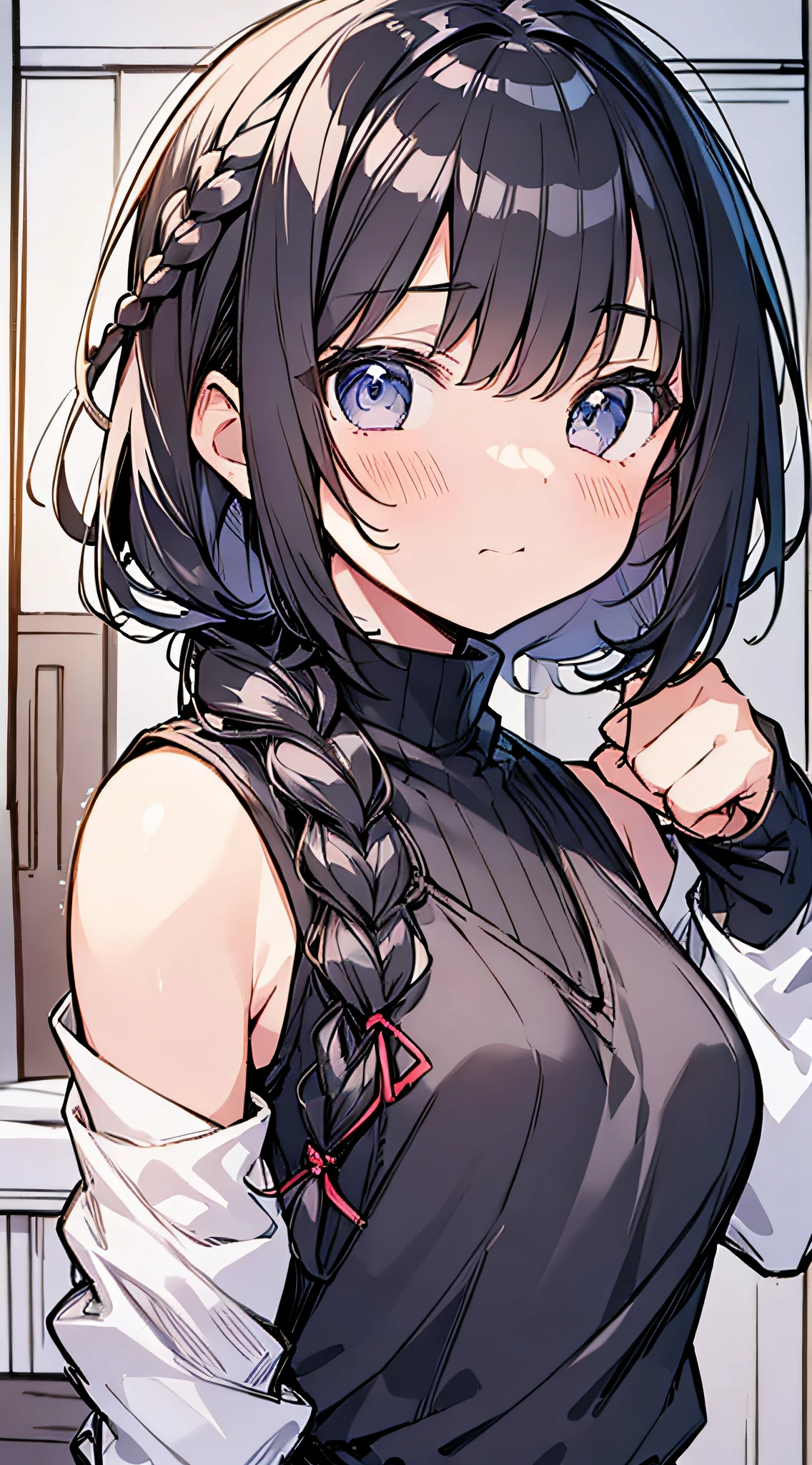 Top Quality, Best Masterpiece, Ultra High Resolution, 8K, White Sweater Vest, Anime Style Little , Single, Ultra Detailed Line Art, Digital Enhancement, Anime Core, Flowing Fabric, Close Up, ((Hair length to shoulder mouth and short braid)), staring at us from the front, Soft drawing, Beautiful black hair, ((Anime style littClear eyes, Shy face, Ultra-detailed digital anime art, clear face depictions, ultra-detailed anime character art, ultra-detailed manga style, top quality colors, hand gestures, foot-up angles, indoor