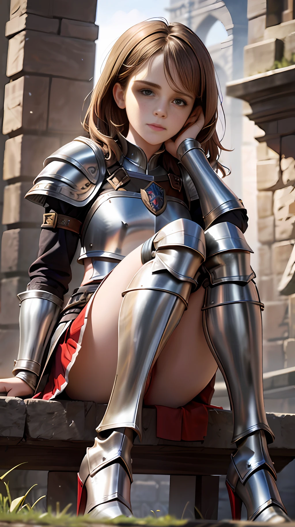 Emma watson in medieval armor, steel breastplate, steel gauntlets, steel boots, medieval costume, d&d, short skirt, red skirt, sitting, legs open, panties, white panties, showing panties, upskirt, cameltoe, realistic