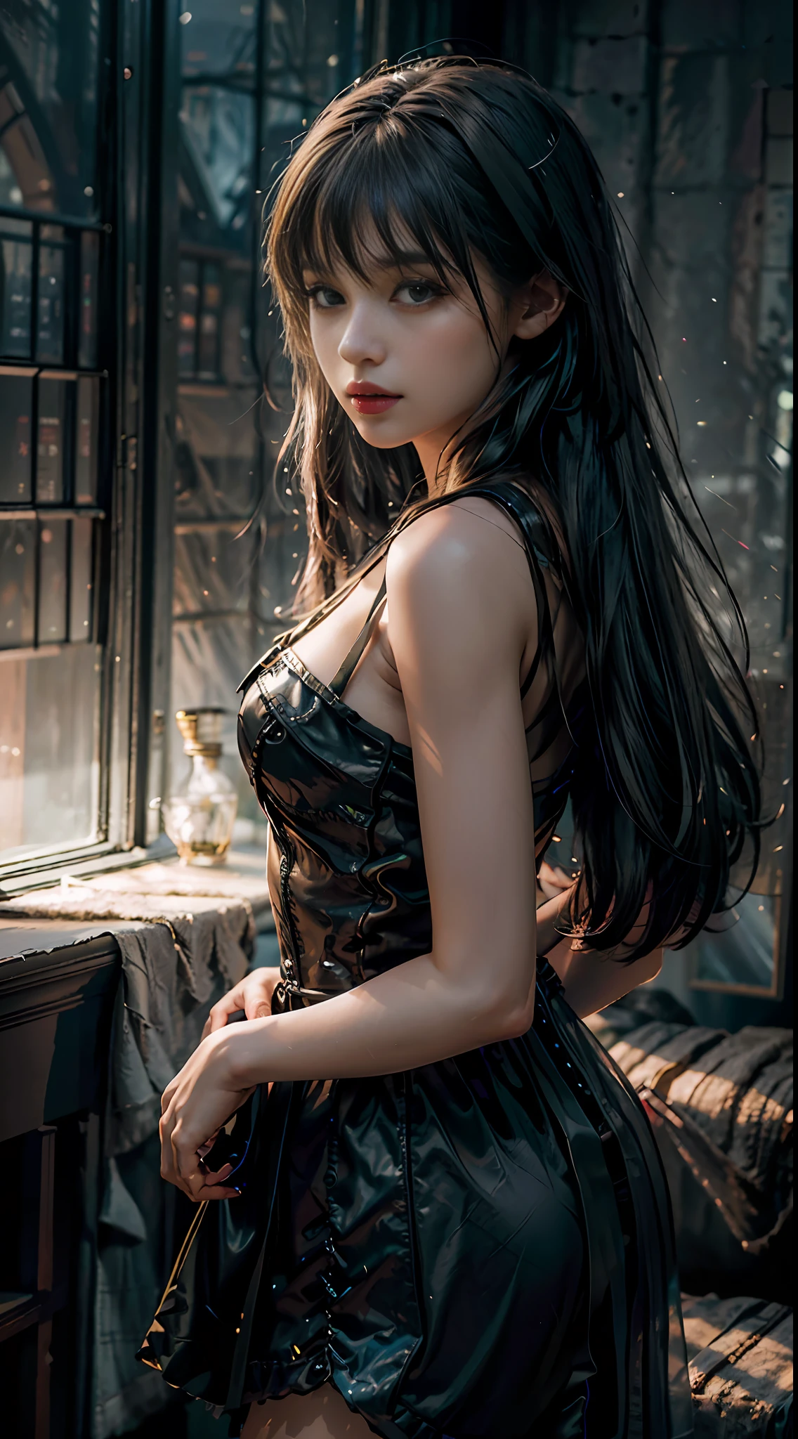 (RAW Photo, 4k, Masterpiece, Official Art, Unified 8k Wallpaper, High Resolution, Realistic, Extremely Complex) Artistic refinement, immersive atmosphere, moody lighting, captivating light, glowing light, amazing aesthetics, dramatic contrast, dynamic angle, official fine art, aesthetic aesthetics, elegance, extremely detailed background, fantasy art, best lighting, dynamic light, best shadow, depth of field, romanticism, fantasy atmosphere, calm color palette, calm mood, soft shadows, traditional principles, (Charming Aura: 1.1) (Close Up)(from Side:1.3) (rim lighting:1.3), (dimly lit:1.3), (dark night:1.3), high contrast, deep shadows, 1girl, solo, Style-Glass photo, (mid-chest, narrow waist: 1.2), standing, cybercostume, Sony master lens,