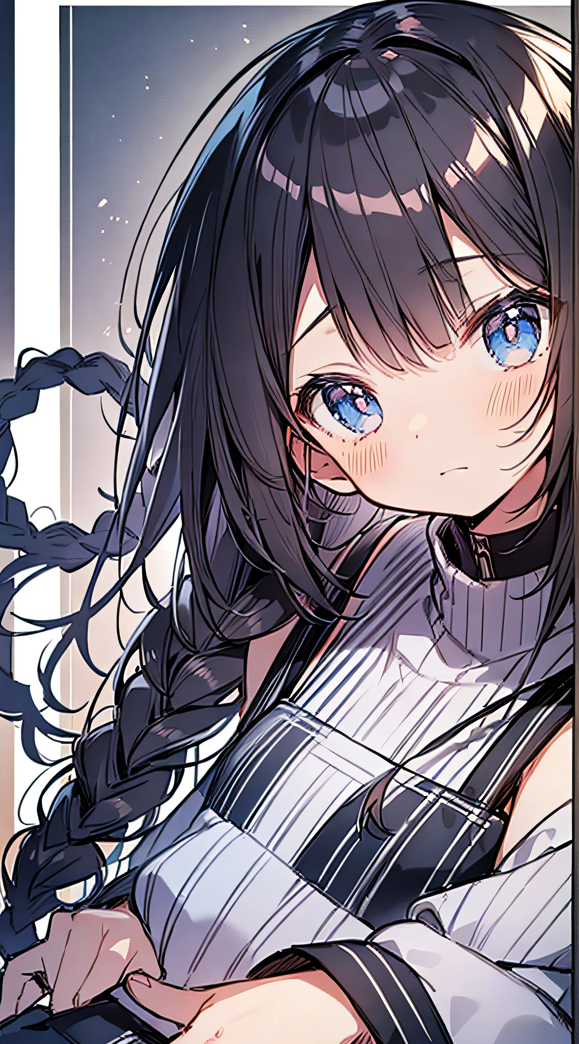 Top Quality, Best Masterpiece, Ultra High Resolution, 8K, White Sweater Vest, Anime Style Little Loli, Single, Ultra Detailed Line Art, Digital Enhancement, Anime Core, Flowing Fabric, Close Up, ((Hair length to shoulder mouth and short braid)), staring at us from the front, Soft drawing, Beautiful black hair, ((Anime style little girl)), Clear eyes, Shy face, Ultra-detailed digital anime art, clear face depictions, ultra-detailed anime character art, ultra-detailed manga style, top quality colors, hand gestures, foot-up angles, indoor