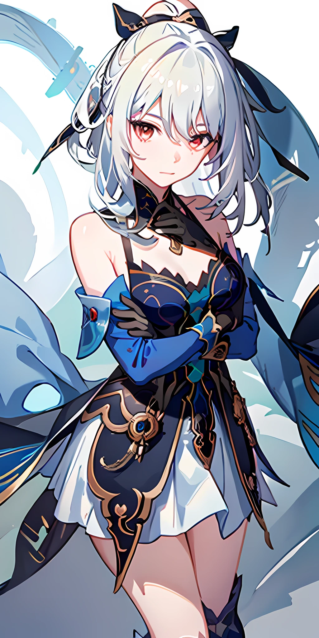 masterpiece, best quality, JingliuV4, 1girl, solo, looking at viewer, closed mouth, gloves, dress, black gloves, detached sleeves, hands behind back, medium breasts, crossing arms,