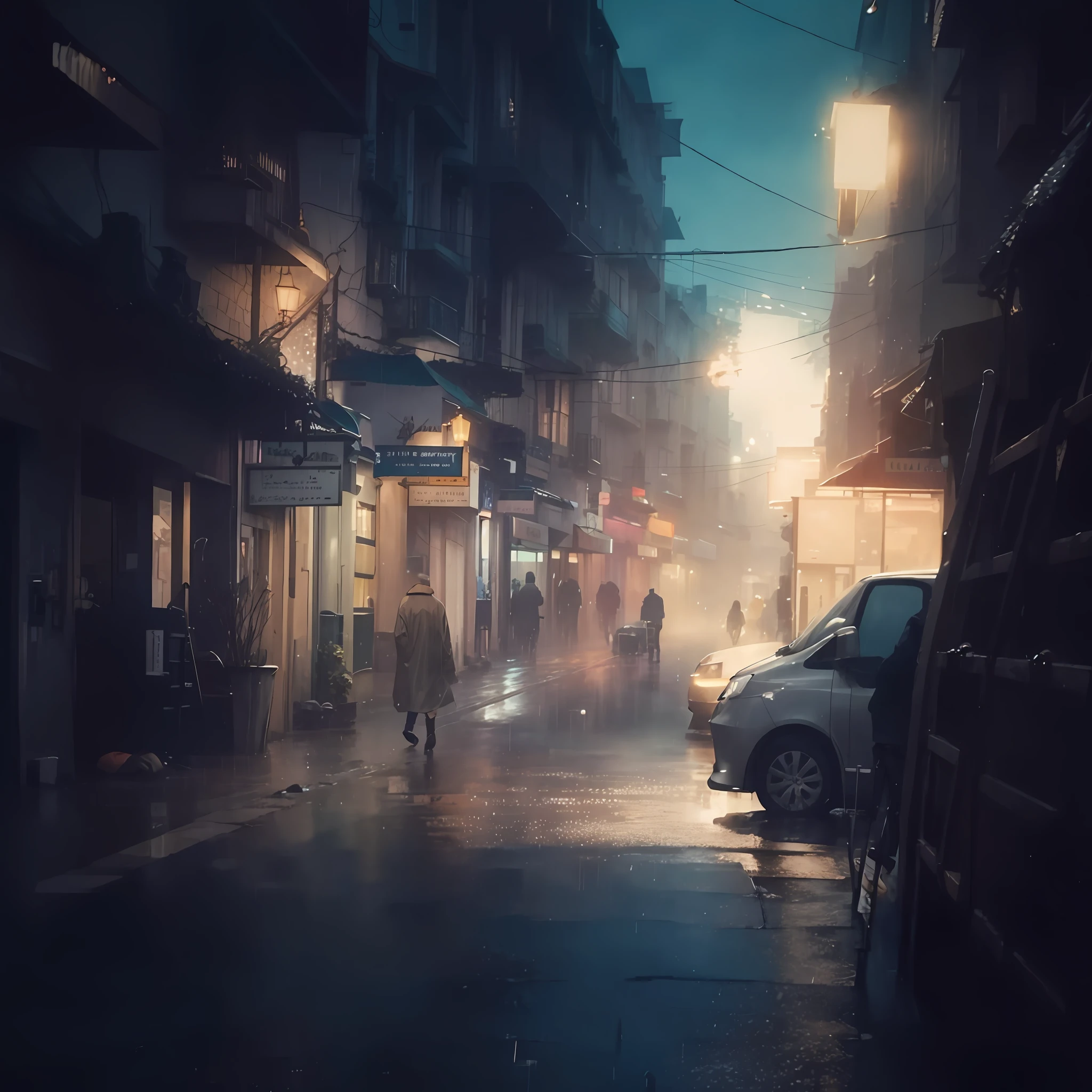 there is a person walking down a street in the rain, misty alleyways, at evening during rain, misty alleyway, city street cinematic lighting, rainy evening, rainy night city street, atmospheric cool colorgrade, like a scene from blade runner, cinematic. by leng jun, in the rain in the early evening, cinematic atmospheric photo, rainy street