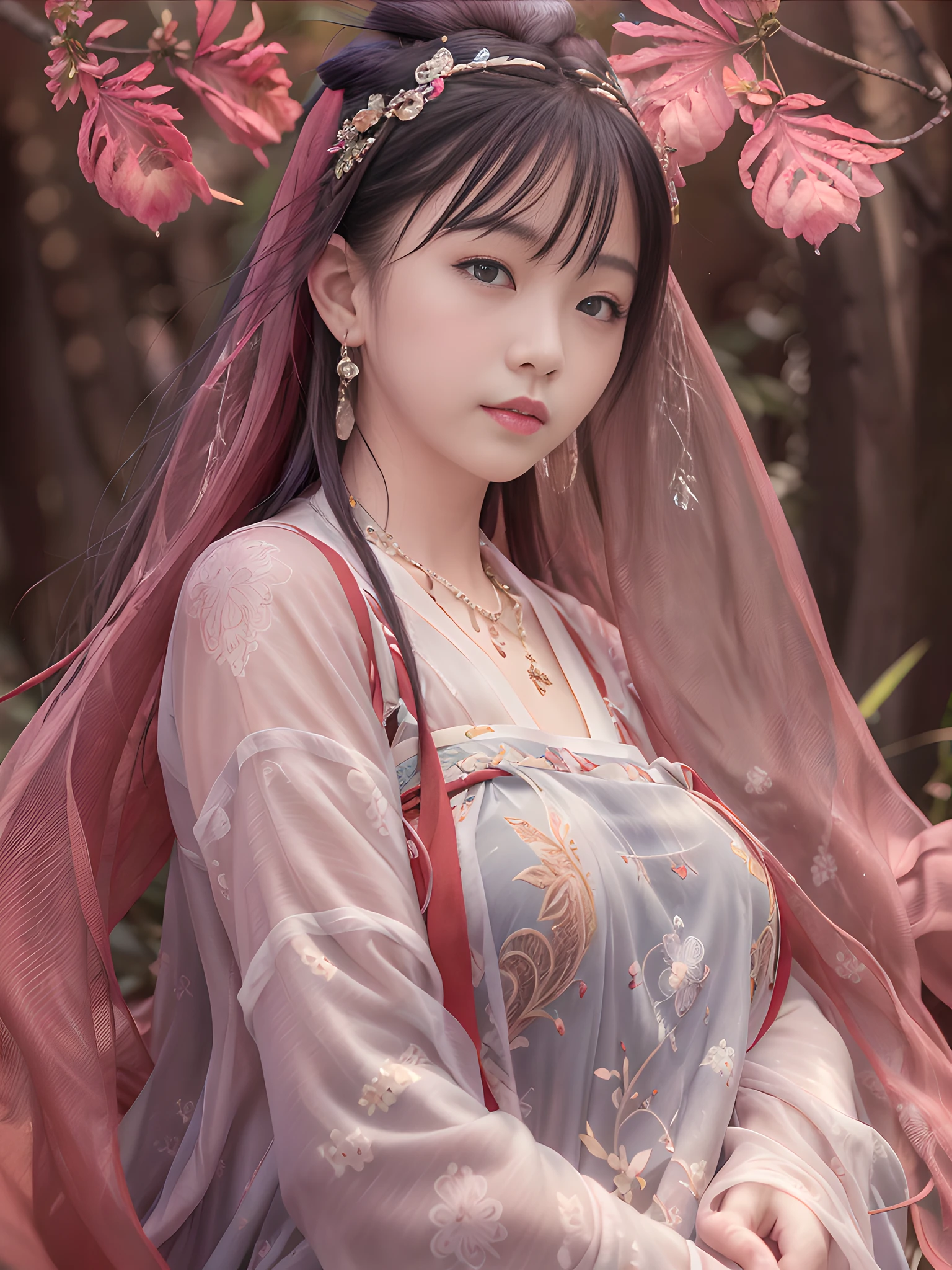 (Best Quality, Masterpiece, High Resolution), 1 girl, full body, Chinese|Russian|Japanese|Korean, smile, shut up, lips, red colored light gauze hanfu, necklace, jewelry, long hair, earrings, super delicate face, beautiful face, perfect eyes with long eyelashes, glowing pupils, realistic, playful expression, (high detail skin: 1.2), 8k uhd, DSLR, soft light, high quality, volumetric lighting, frank, high resolution, 4K, 8K, background bokeh, dream forest, Feather drop effect, morning, vista, tyndall lighting, beauty mole