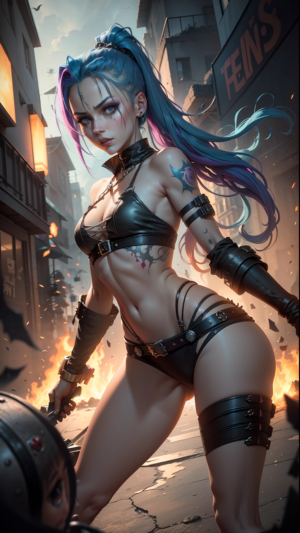 ((Best quality)), ((masterpiece)), (highly detailed:1.3), 3D, arcane style,In the dark and gritty dystopian city Piltover, plagued by violence and divided into two opposing factions, a young prodigy named Jinx emerges. Having endured unimaginable loss and abandonment, she has embraced a life of chaos and destruction. Known for her inventive and explosive abilities, Jinx becomes an icon of rebellion against the oppressive forces controlling the city. However, haunted by guilt and battling inner demons, she must confront her past and decide whether to continue down the path of anarchy or seek redemption amidst the turmoil. Explore the journey of Jinx as she navigates a treacherous world, fighting for survival, unraveling secrets, and discovering the true meaning of her twisted existencechaos reigns supreme, and at the heart of it all is Jinx, the embodiment of unpredictability. Delve deep into the twisted mind of Jinx, exploring the origins of her madness and the driving force behind her destructive nature. Unveil the moments that shaped her into the deranged and iconic character we know. Take us on a wild journey through the vibrant streets of Piltover and the grim underbelly of Zaun as Jinx wreaks havoc with her explosive arsenal. Can redemption ever find its way into Jinx's fractured soul? Or will she forever dance on the edge of sanity, embracing the chaos that fuels her very existence? The fate of Arcane hangs in the balance as Jinx's path intertwines with unlikely allies and formidable foes. Ignite your imagination and paint a vivid portrait of Jinx's twisted psyche, capturing the essence of her madness and the untamed spirit that defines her,HDR (High Dynamic Range),Ray Tracing,NVIDIA RTX,Super-Resolution,Unreal 5,Subsurface scattering,PBR Texturing,Post-processing,Anisotropic Filtering,Depth-of-field,Maximum clarity and sharpness,Multi-layered textures,Albedo and Specular maps,Surface shading,Accurate simulation of light-material interaction,Perfect proportion