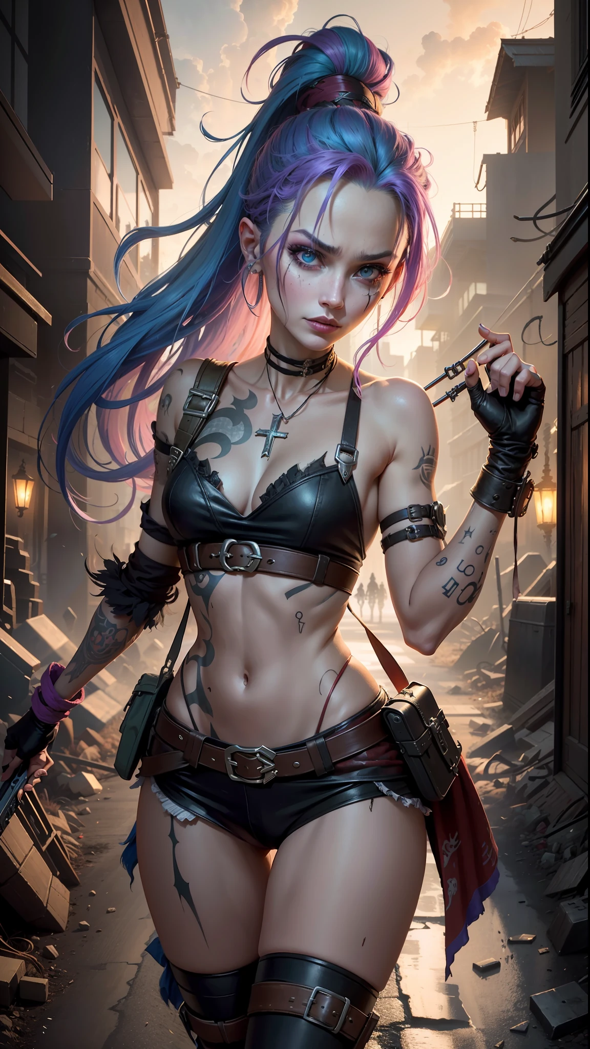 ((Best quality)), ((masterpiece)), (highly detailed:1.3), 3D, arcane style,In the dark and gritty dystopian city Piltover, plagued by violence and divided into two opposing factions, a young prodigy named Jinx emerges. Having endured unimaginable loss and abandonment, she has embraced a life of chaos and destruction. Known for her inventive and explosive abilities, Jinx becomes an icon of rebellion against the oppressive forces controlling the city. However, haunted by guilt and battling inner demons, she must confront her past and decide whether to continue down the path of anarchy or seek redemption amidst the turmoil. Explore the journey of Jinx as she navigates a treacherous world, fighting for survival, unraveling secrets, and discovering the true meaning of her twisted existencechaos reigns supreme, and at the heart of it all is Jinx, the embodiment of unpredictability. Delve deep into the twisted mind of Jinx, exploring the origins of her madness and the driving force behind her destructive nature. Unveil the moments that shaped her into the deranged and iconic character we know. Take us on a wild journey through the vibrant streets of Piltover and the grim underbelly of Zaun as Jinx wreaks havoc with her explosive arsenal. Can redemption ever find its way into Jinx's fractured soul? Or will she forever dance on the edge of sanity, embracing the chaos that fuels her very existence? The fate of Arcane hangs in the balance as Jinx's path intertwines with unlikely allies and formidable foes. Ignite your imagination and paint a vivid portrait of Jinx's twisted psyche, capturing the essence of her madness and the untamed spirit that defines her,HDR (High Dynamic Range),Ray Tracing,NVIDIA RTX,Super-Resolution,Unreal 5,Subsurface scattering,PBR Texturing,Post-processing,Anisotropic Filtering,Depth-of-field,Maximum clarity and sharpness,Multi-layered textures,Albedo and Specular maps,Surface shading,Accurate simulation of light-material interaction,Perfect proportion