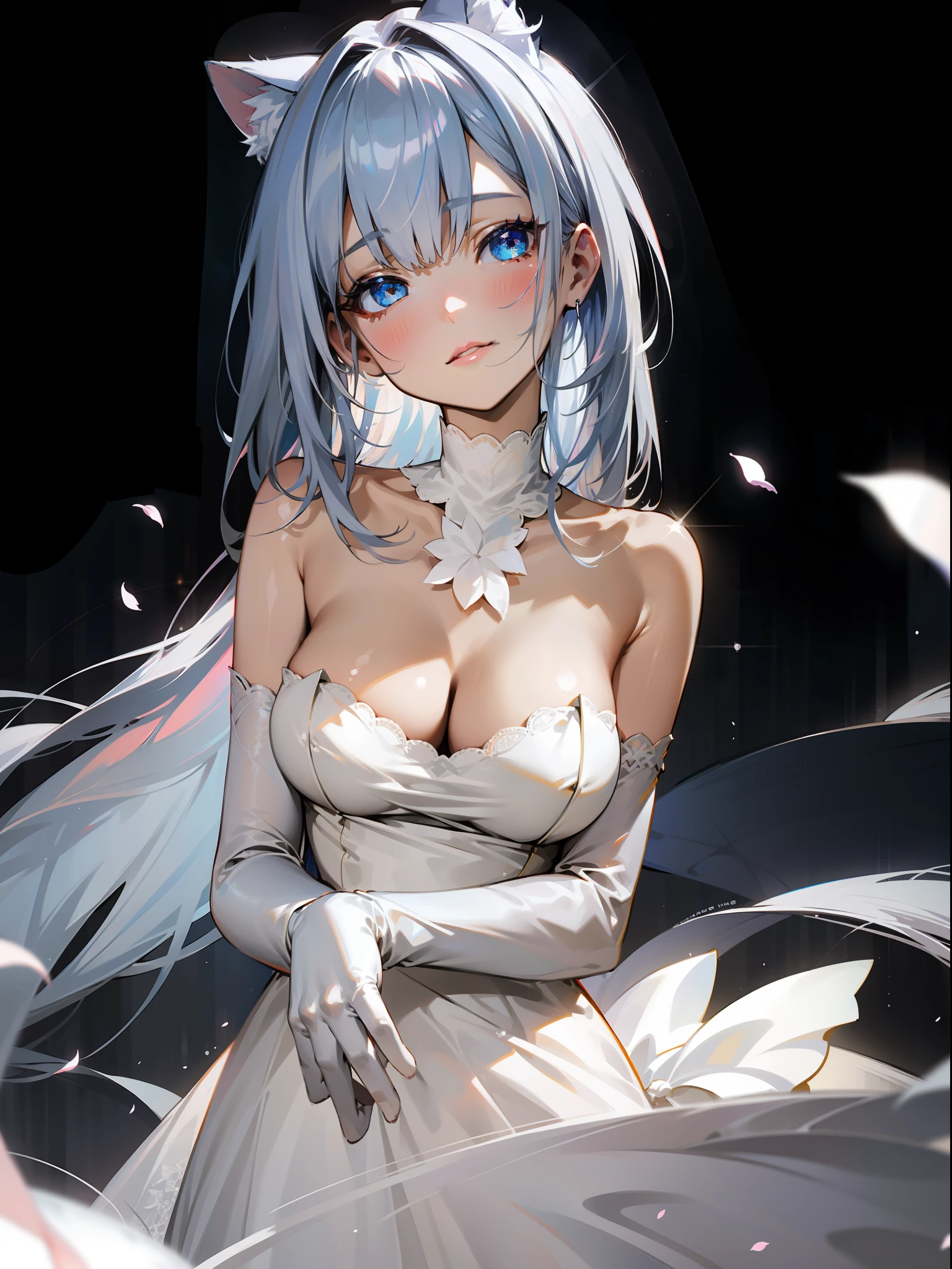 best quality, masterpiece, highly detailed, 1girl, solo, Transparent white skin, mature woman, sister, close to viewer, White hair, silver hair, bare shoulder, Shoulderless Dresses, wedding dress, white dress, white lace dress, white lace long skirt, elbow gloves, cat ears, cat tail, Fluffy cat ears, rational, bangs, very long hair, light smile, streaked hair, beautiful silver long hair girl, blue eyes, light pink lips, large breasts, delicate face, delicate hands, calm, flower background, petal dancing, Rich Lighting, sparkling light