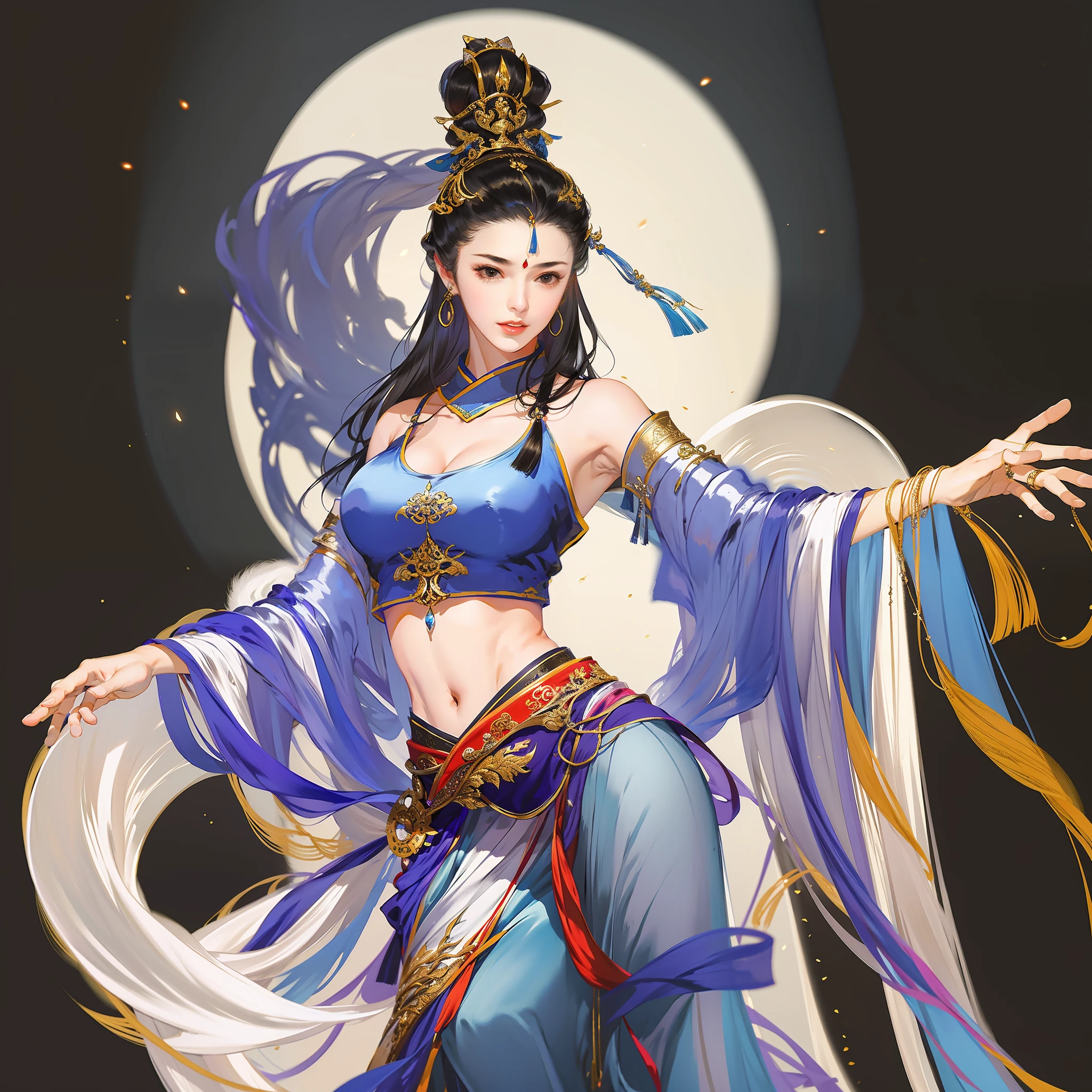 An ancient Chinese girl wearing an Indian dress, full body portrait with exposed shoulders and navel, exotic, 3d model, dancing, amazing facial features, game model, stunning lighting, C4D, OC renderer, pure black background, movie edge light, fine light, masterpiece, super detail, epic composition, super high-definition, high quality, highest quality, 32k
