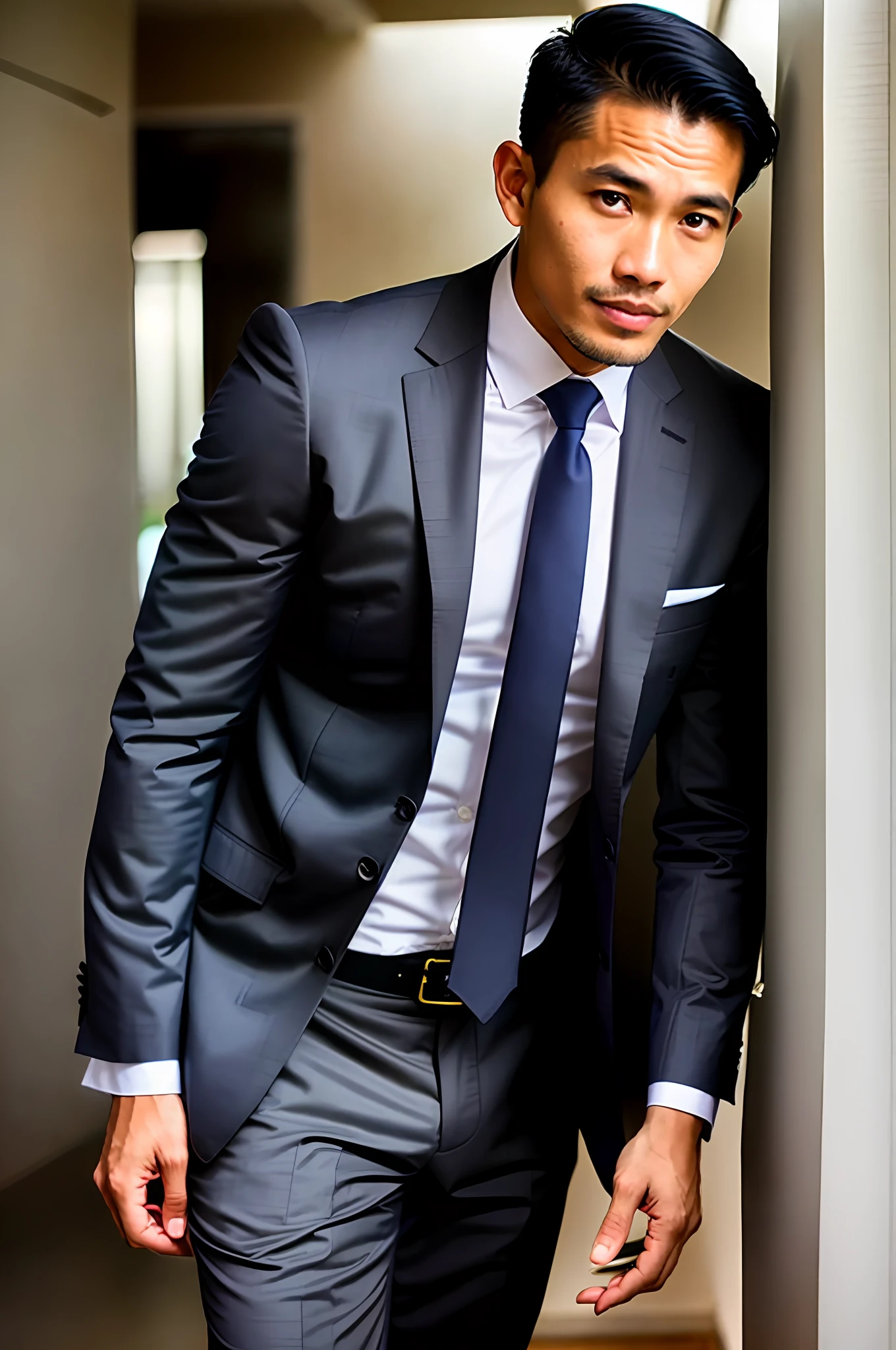 world press photo winner, (award-winning photography:1.3), (modern indonesian man wearing navy suit, handsome face, young man, indonesian skin tone, typical Indonesian male features:1.4), (8k, RAW photo, best quality:1.3), (realistic, photo-realistic, modest clothes:1.1), inspiring,  Portait of a (handsome typical modern indonesian men indoors:1.5), analog style (look at viewer:1.2) (skin texture) (film grain:1.3), (warm hue, warm tone:1.2), close up, cinematic light, sidelighting, ultra high res, best shadow, RAW, wearing teacher uniform, Microgeometry, skin elasticity, light scattering through hair, ambient occlusion, multi-layer skin shading, facial muscle simulation, iris and pupil rendering, advanced color grading, smirking, medium shot, dynamic poses, crossing hands, navy tie