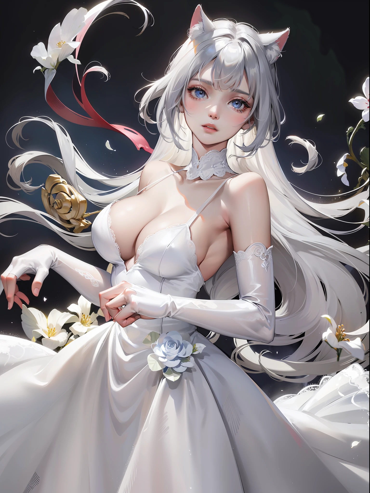 best quality, masterpiece, highly detailed, 1girl, solo, Transparent white skin, mature woman, sister, close to viewer, White hair, silver hair, bare shoulder, Shoulderless Dresses, wedding dress, white dress, white lace dress, white lace long skirt, elbow gloves, cat ears, cat tail, rational, bangs, very long hair, light smile, streaked hair, beautiful silver long hair girl, blue eyes, light pink lips, large breasts, delicate face, delicate hands, calm, flower background, petal dancing