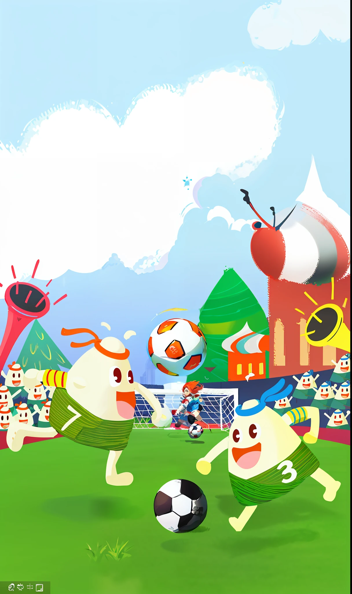cartoon characters playing soccer in a field with a ball, game illustration, at the world cup, katamari damacy, stylized digital illustration, mobile game art, colorful illustration, colorful kids book illustration, wallpaper!, soccer, official artwork, screenshot from the game, promotional art, pc screenshot, game art, digital illustration, bright sunny time, game concept