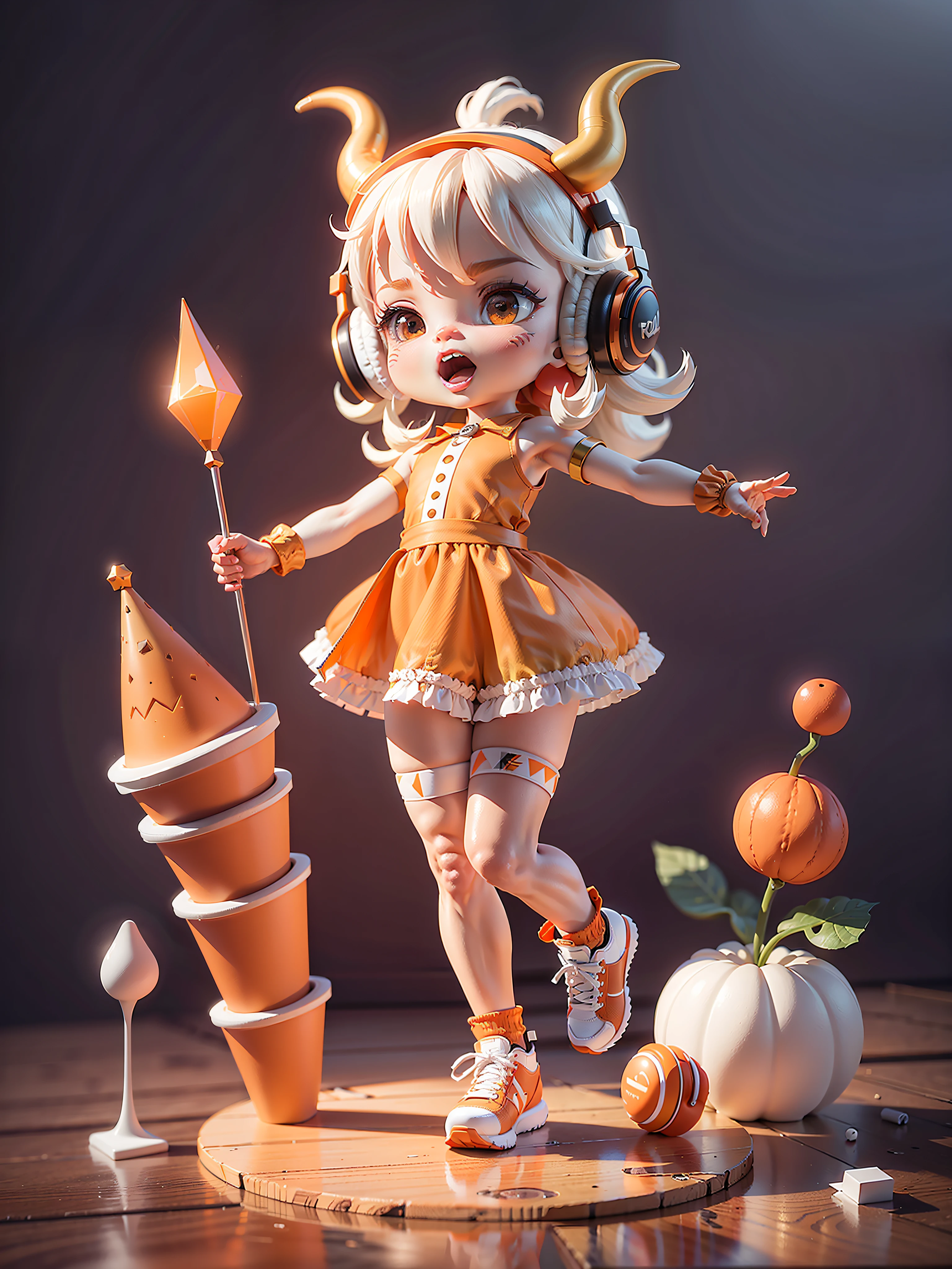 (Masterpiece), (Extreme Quality), (Ultra Detailed), (Full Body: 1.2), (Solitary), Orange Theme, Bull Magician, Cute, Open Mouth, Headphones, Horns, Popmart Blind Box, Clay Texture, Stepping on Earth, Black and White Background, Natural Daylighting, Best Quality, Ultra Detail, 3D Art, C4D, OC Renderer, 3D Rendering, 8k