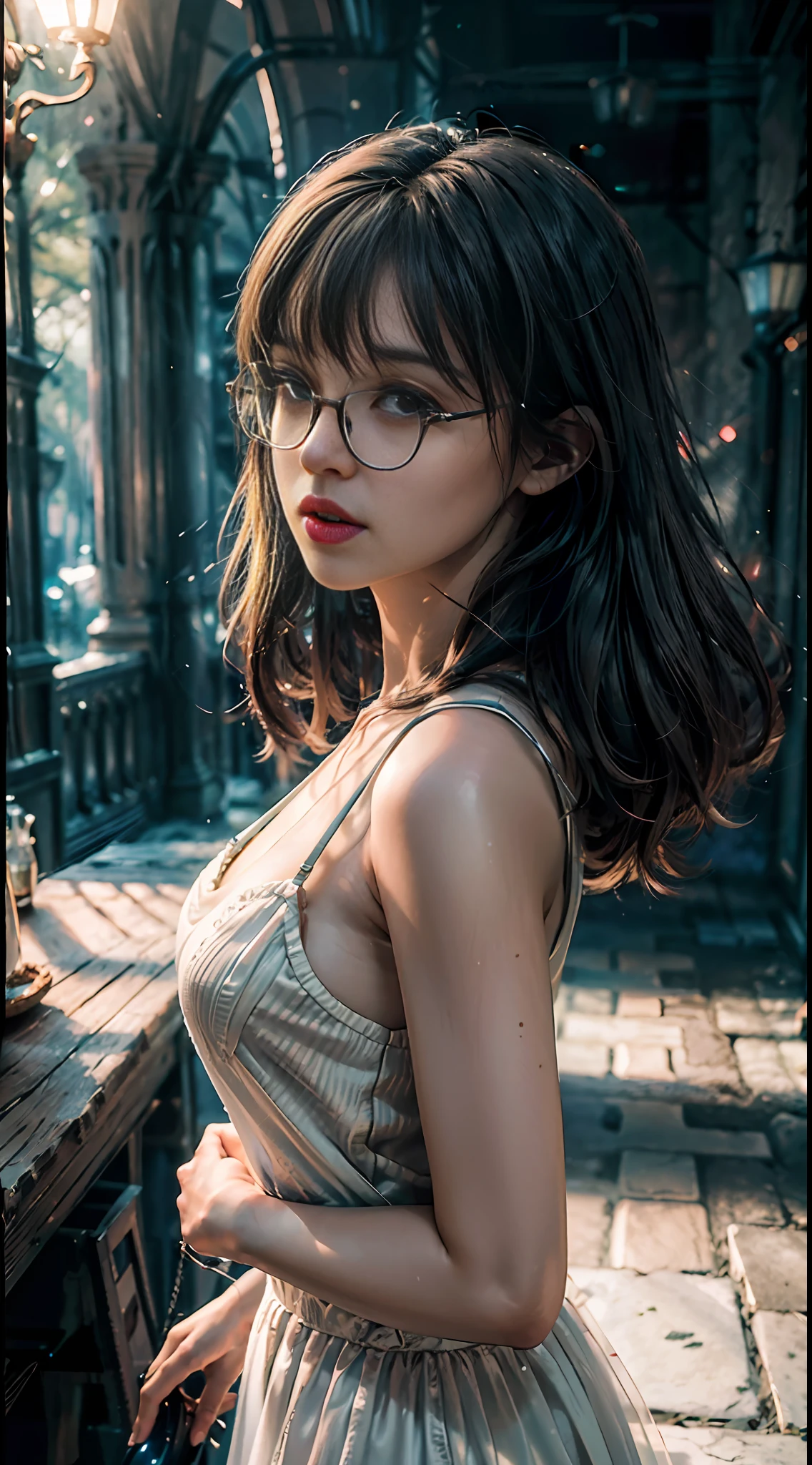 (RAW Photo, 4k, Masterpiece, Official Art, Unified 8k Wallpaper, High Resolution, Realistic, Extremely Complex) Artistic refinement, immersive atmosphere, moody lighting, captivating light, glowing light, amazing aesthetics, dramatic contrast, dynamic angle, official fine art, aesthetic aesthetics, elegance, extremely detailed background, fantasy art, best lighting, dynamic light, best shadow, depth of field, romanticism, fantasy atmosphere, calm color palette, calm mood, soft shadows, traditional principles, (Charming Aura: 1.1) (Close Up)(from Side:1.3) (rim lighting:1.3), (Dimly lit:1.3), (dark night:1.3), High contrast, deep shadows, 1girl, solo, Style-Glass photo, (mid-chest, narrow waist: 1.2), standing, cyber-white dress, glasses, neon, Sony Master Lens,