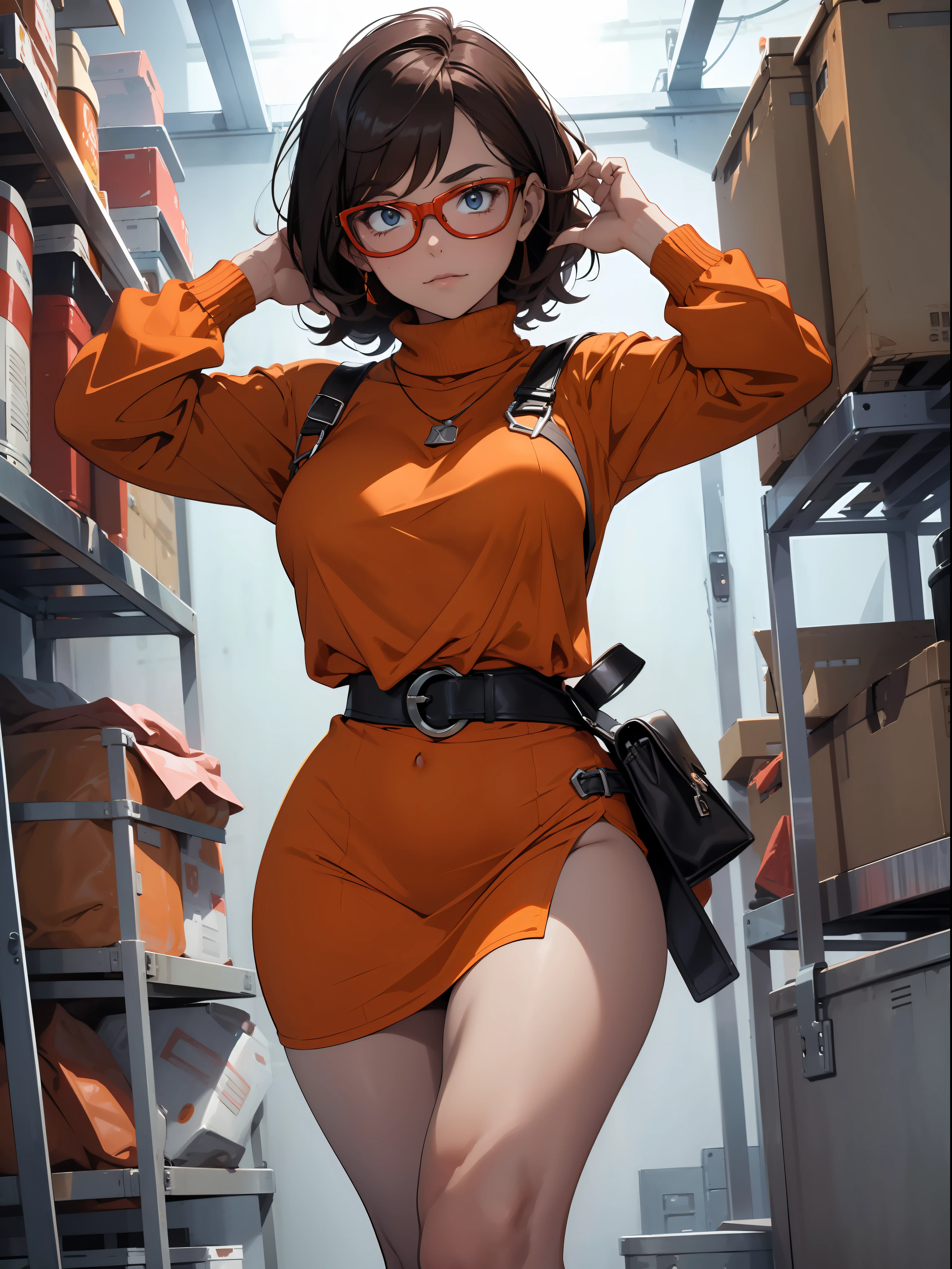(((waist up))), (((perfect body))), (((voluptuous))), (((hot))), thick thighs, Velma Dace Dinkley teenager (from the Scooby-Doo series), posing for self with a ghost behind her, arm stretched out for freight as if she were holding a cell phone, comedic scene, perfect body, gorgeous and intelligent face, front view, mini skirt, glasses, big breasts, hot, short brown hair, orange turtleneck blouse, red skirt, waist up