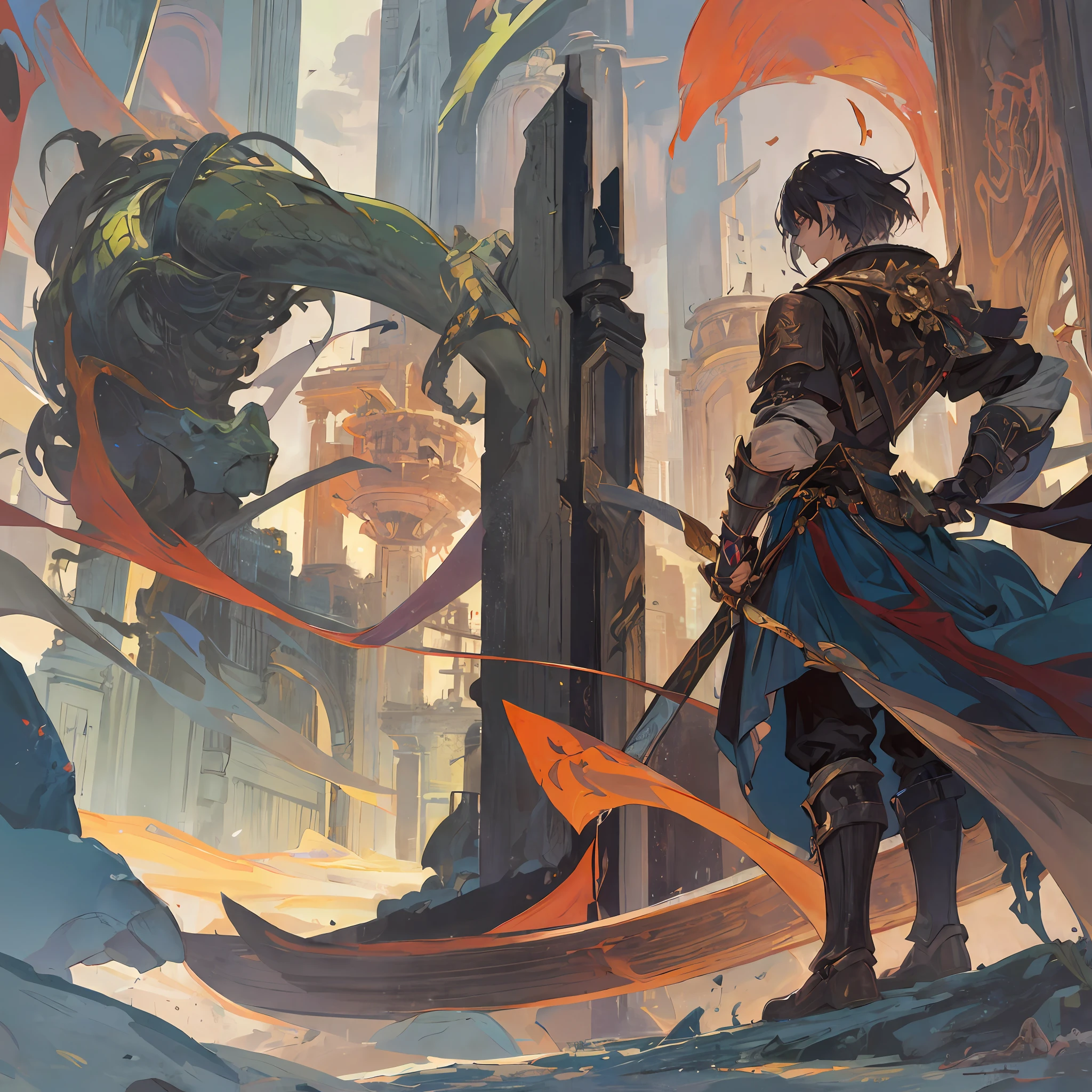 A Grand sage and a warrior, standing on the million of monster, epic art