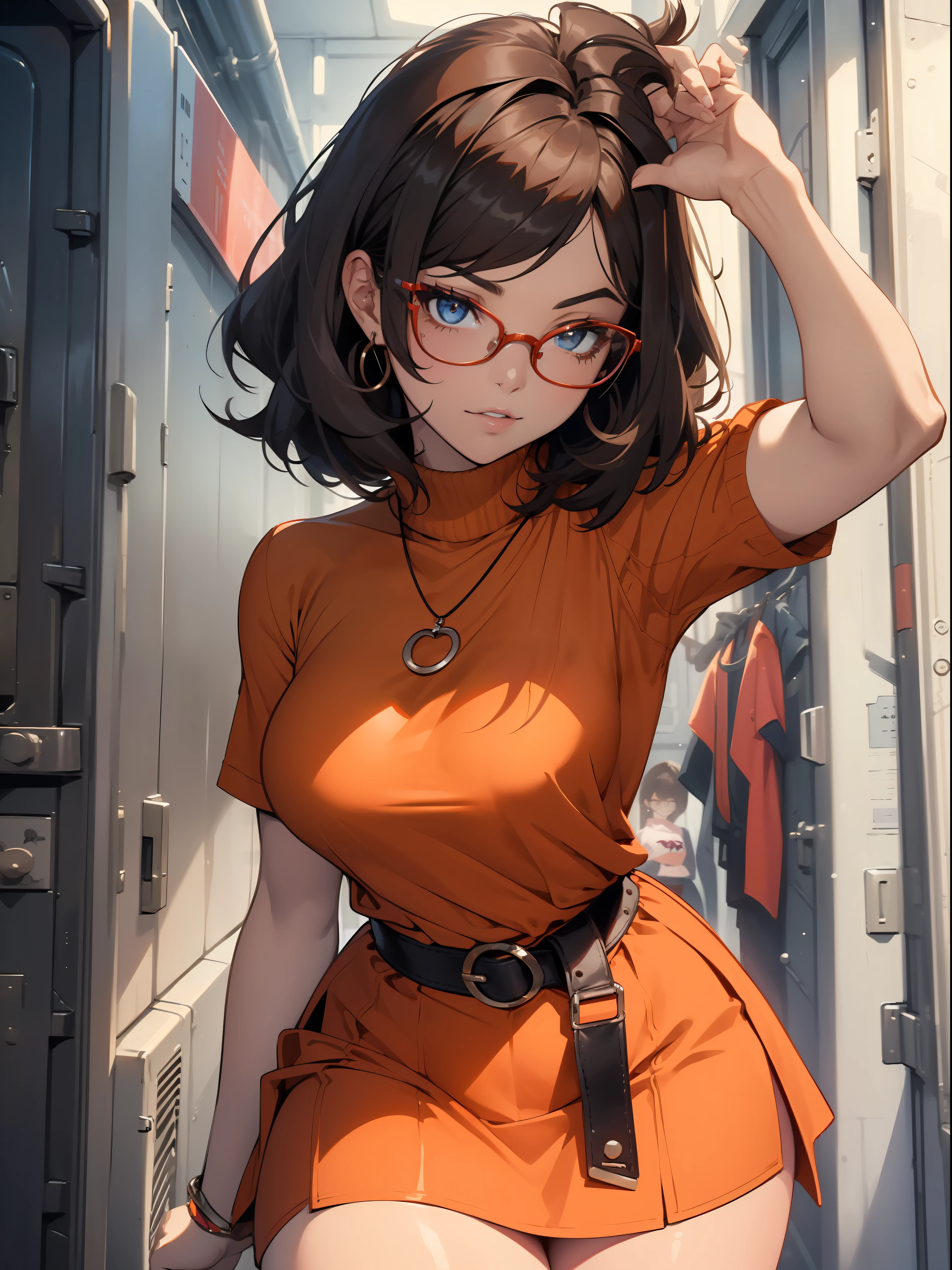 (((waist up))), (((perfect body))), (((voluptuous))), (((hot))), thick thighs, Velma Dace Dinkley teenager (from the Scooby-Doo series), posing for self with a ghost behind her, arm stretched out for freight as if she were holding a cell phone, comedic scene, perfect body, gorgeous and intelligent face, front view, mini skirt, glasses, big breasts, hot, short brown hair, orange turtleneck blouse, red skirt, waist up