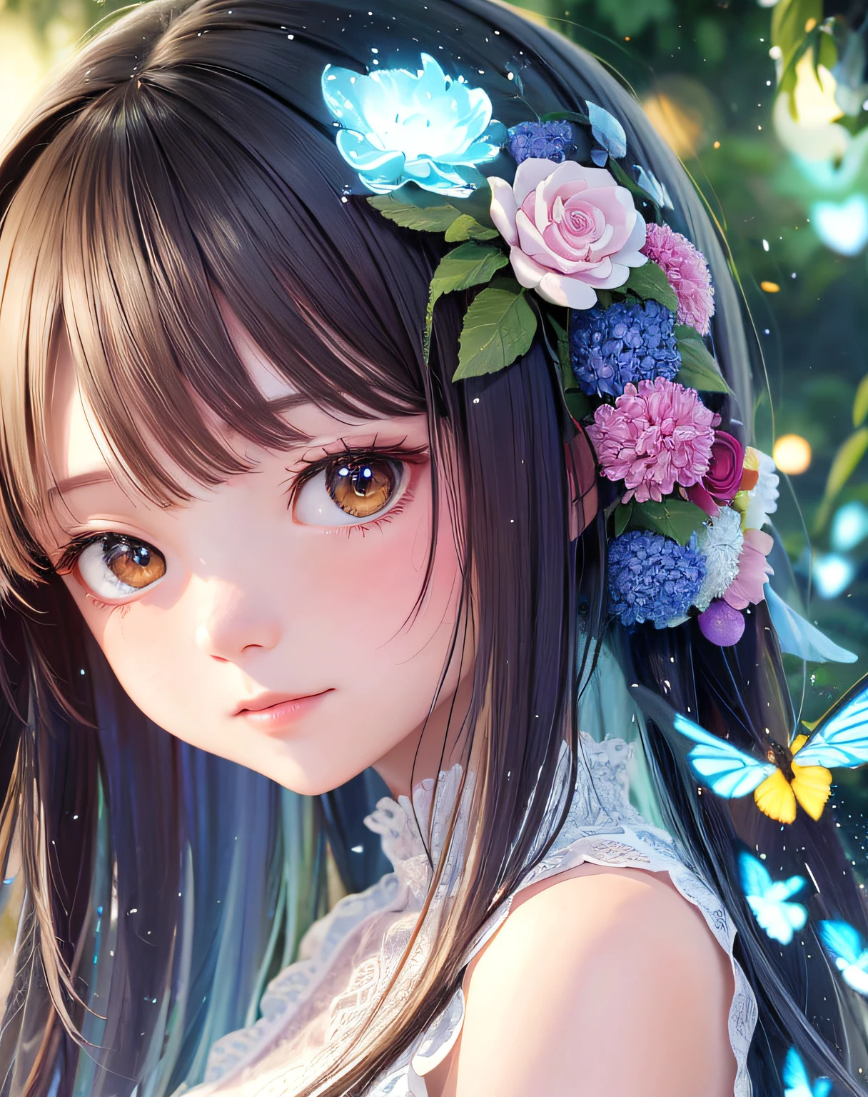 Masterpiece, Superb Girl, Cute Girl, Bust, High Detail Eyes, Perfect Eyes, Portrait, High Detail Face, Eyes Alike, Glare, Rainbow Colors, Global Illumination, Soft Light, Dream Light, Digital Painting, 8K Close-up, Fantasy, Night Sky, Garden, Colorful Fireflies, Lingering Soft Drizzle. In the beautiful atmosphere, the dancing garden scene weaves a dreamlike scene.