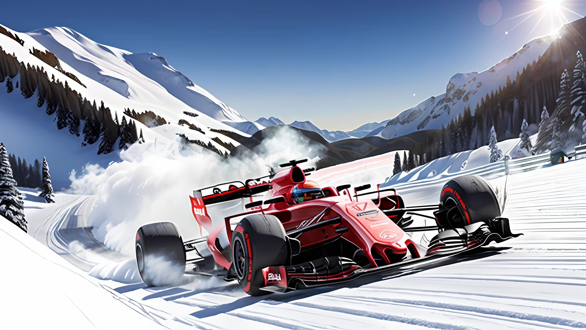 An F1 red racing car, swooping down the slopes of snowy mountains, snowflakes flying behind, avalanche: 1.5