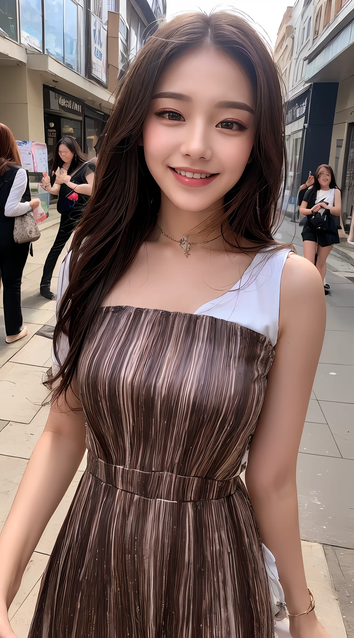 ((Best quality, 8k, Masterpiece :1.3)), 1girl, smiling, full body, slim face, Pretty woman, (Dark brown hair), full length dress :1.1, Ultra-detailed face, Detailed eyes, Double eyelid, blur background, slim face, city, outside, street,