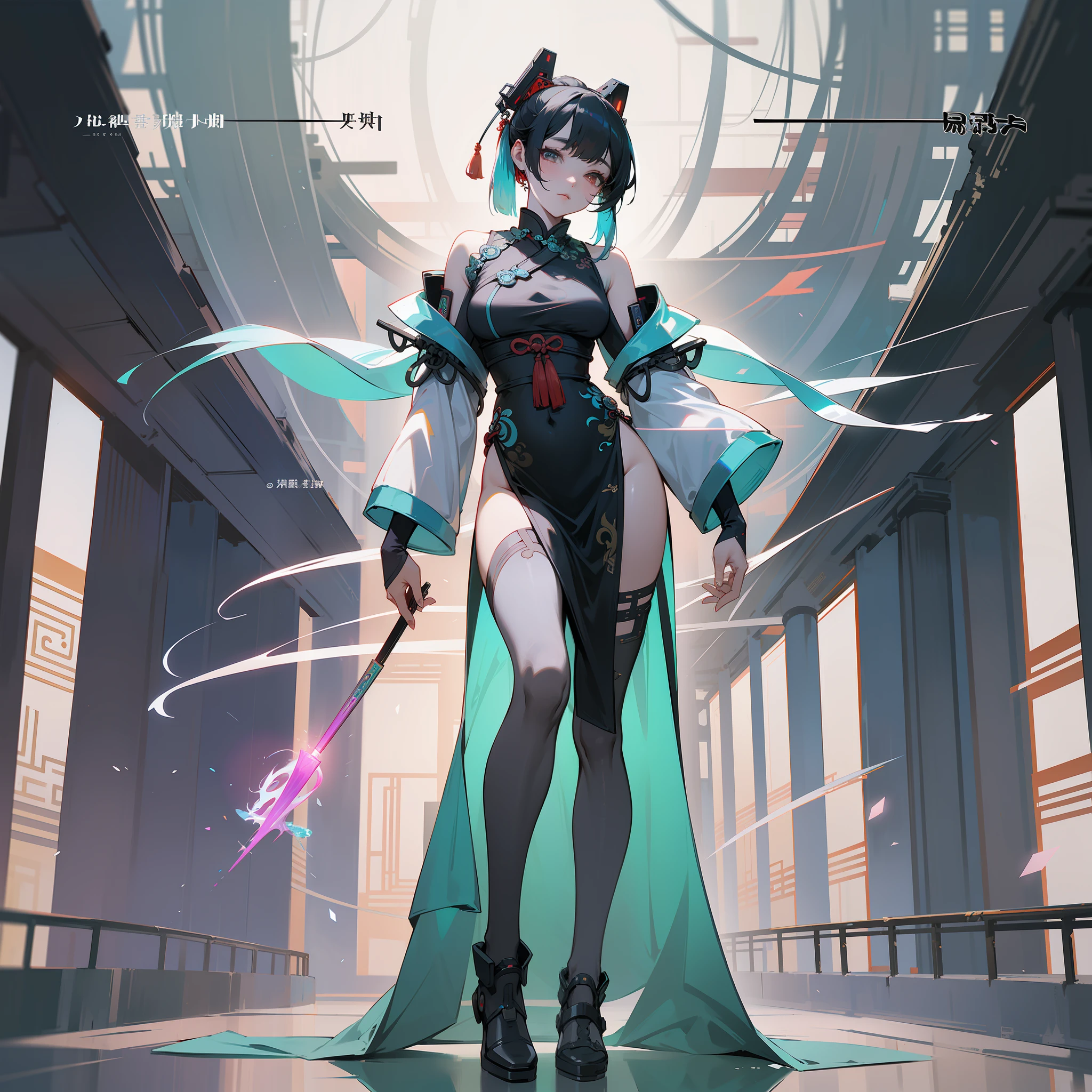 An ancient Chinese girl, full body, cyberpunk, holographic aura, surreal science fiction art, futuristic science fiction aesthetics, Hanfu, costumes influenced by ancient Chinese opera, movie edge light, delicate light, masterpiece, ultra-detailed, epic composition, super HD, high quality, highest quality, 32k --niji 5