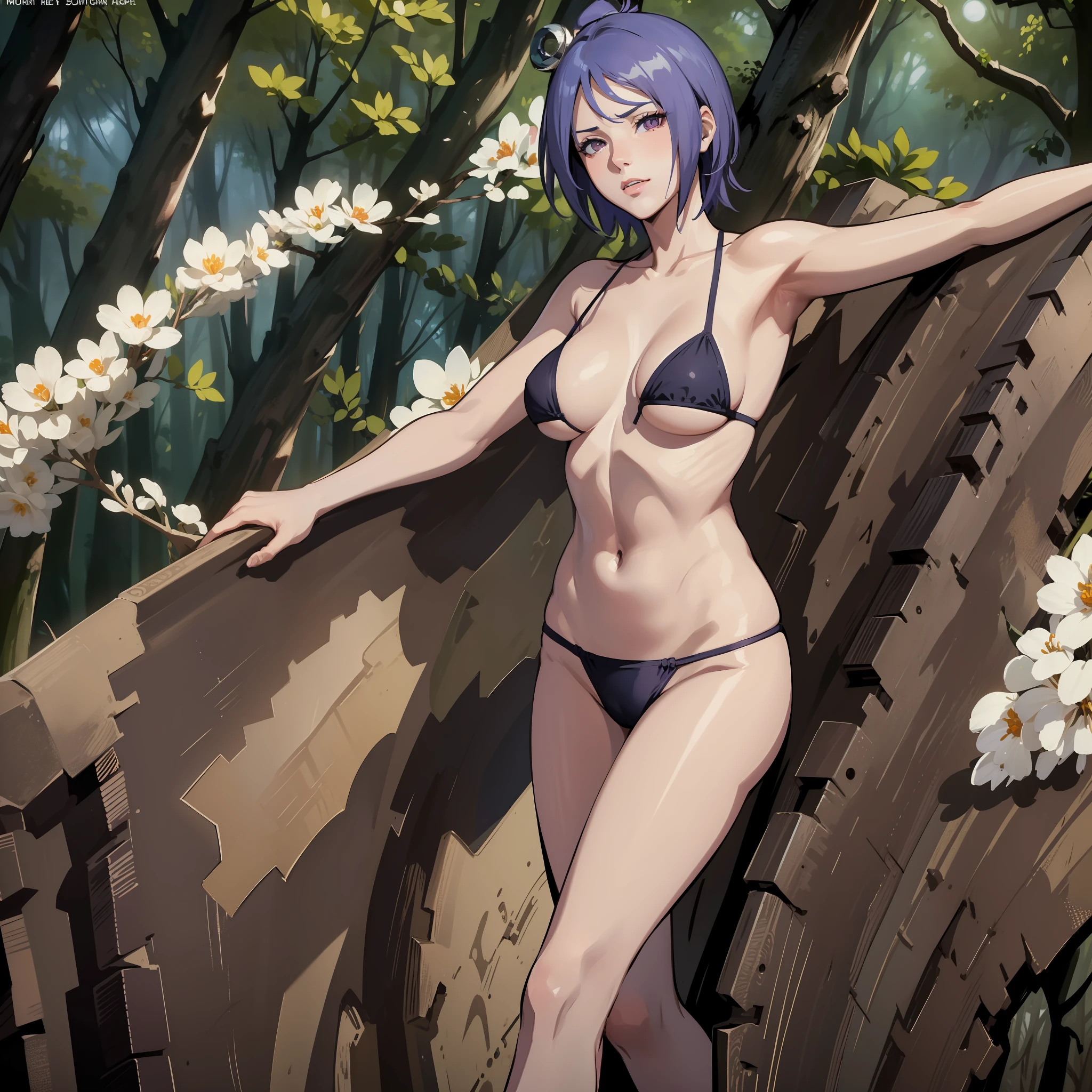 Best quality, masterpiece, highly detailed, more realistic, high definition, Konan Naruto, orange eyes,akatsuki bikini,mature star, realistic breasts, beautiful body, bikini akatsuki big breasts, big ass, short purple hair, woman dancing in the forest, forest in ancient russia, night,lingerie, historical site, antique dress, seduction, make an erotic face, make an erotic face, moonless night, moonless night, blood moon, too little light, too dark, too dark, no light, fog
