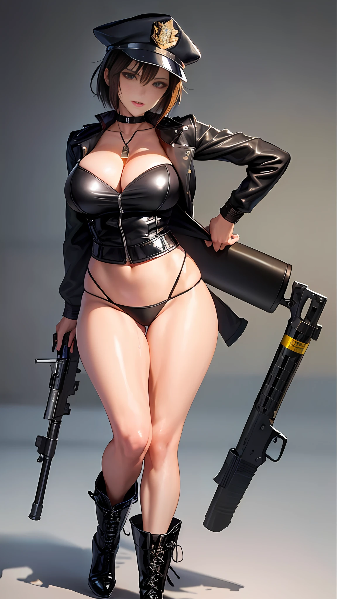 (Anime style), (Mature female)), Female Policeman, Black belt, Open wear, Leather jacket, Short brown hair, Police badge, Strap on chest, Big rifle, Gun, Simple background, Thigh height, Black leather boots, Provocative pose, High leg, High leg, High leg laces, Night, Bare breasts, Dressed clothes, Boobs, Side boobs, Cleavage, Police uniform, Baseball cap, Headset, under the, (((low leg thongs)), (((skindentation)), panties pulled down, exposed, dripping juice, (big shiny breasts), crouching,