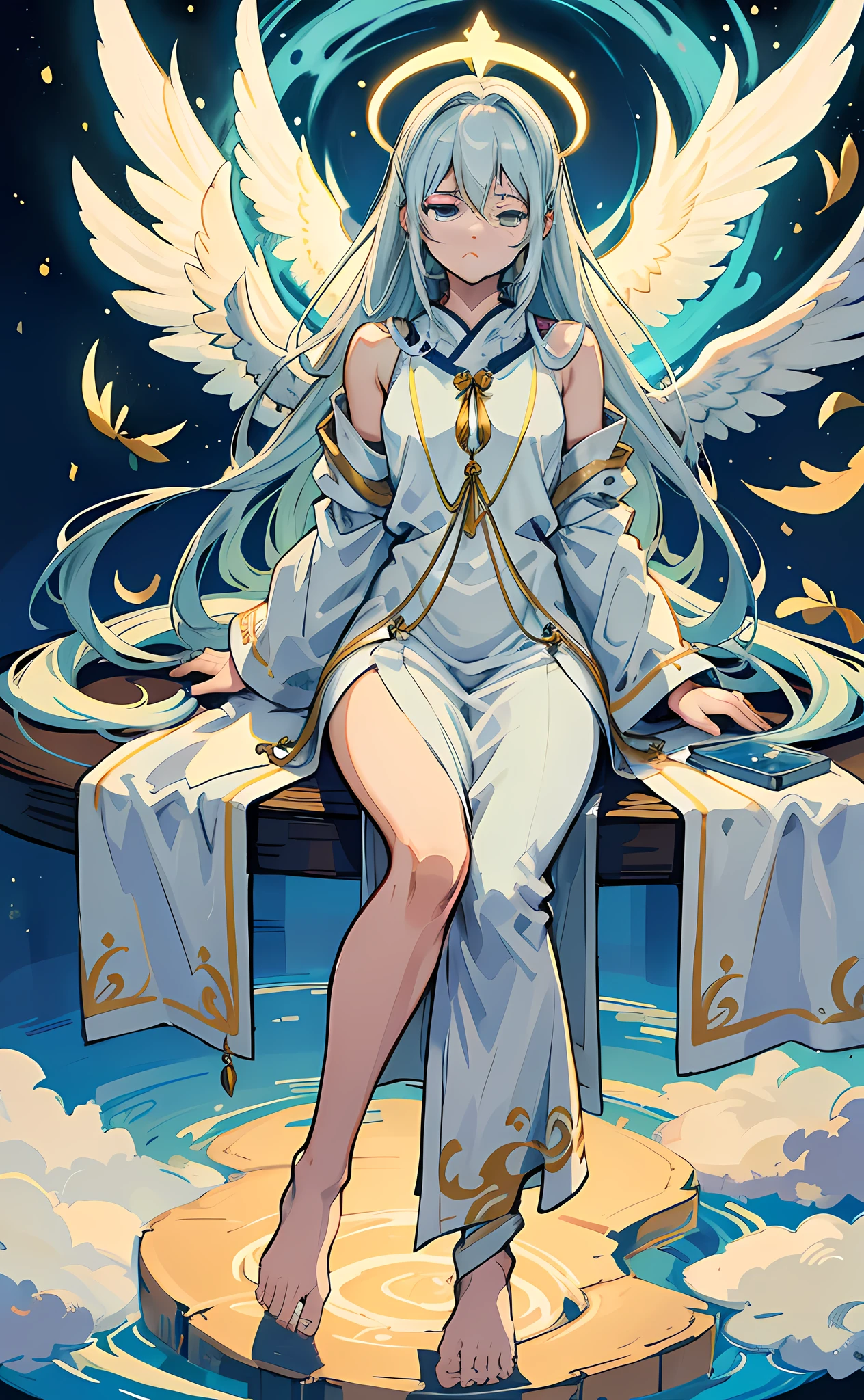 in the style of Guilty Gear -Strive- and with influences from the artistic style of Yusuke Murata, The Seated Angel is a heavenly figure of serenity and contemplation. His posture is calm and relaxed, sitting in a comfortable position while directing his gaze to the ground.

His immaculate wings, of a radiant purity, retreat gently behind him, representing his heavenly nature and his connection to the divine. Each feather glows with a soft, ethereal light, emanating a sense of peace and protection.

His face is smooth and gentle, with delicate features and gently closed eyes. He seems immersed in deep thoughts, immersing himself in his own wisdom and connection to divinity.

Dressed in a white robe, flowing around his body in light, gentle forms, the angel conveys a sense of purity and grace. Her garment is adorned with gold and silver details, which capture the heavenly light and radiate a soft glow.

Around him, one can see a halo of bright light, emanating from his celestial aura. This aura surrounds the environment around you, bringing a sense of peace and harmony.

Despite staring at the ground, his expression conveys serenity and understanding. It seems that he is in deep connection with his inner self and with the mysteries of the universe.

The seated angel represents a divine presence, engaged in contemplation and reflection. His figure inspires tranquility and invites introspection, reminding us of the importance of connecting with our spirituality and finding inner peace.

This angelic image reminds us that even in moments of recollection and stillness, there is a divine light that guides and protects us, always present to guide us on our journey.