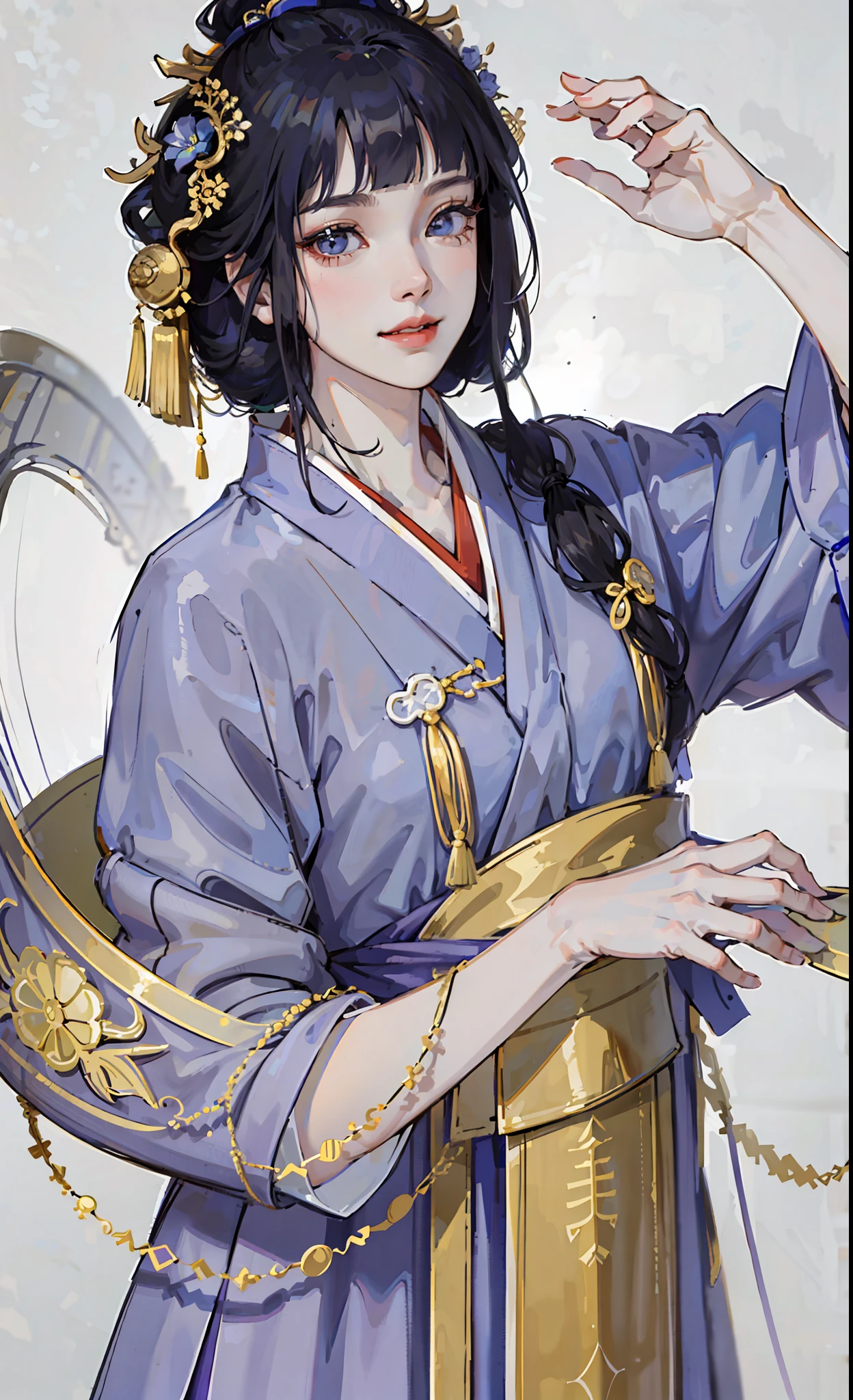 A girl, ancient Chinese costume, whole body, sunshine, clear face, clean white background, masterpiece, super detail, epic composition, ultra HD, high quality, extremely detailed, official art, uniform 8k wallpaper, super detail, 32k, ((blunt bangs)), extremely detailed character, detailed lips,  dark blue hair,  hinata/(boruto/),  smile