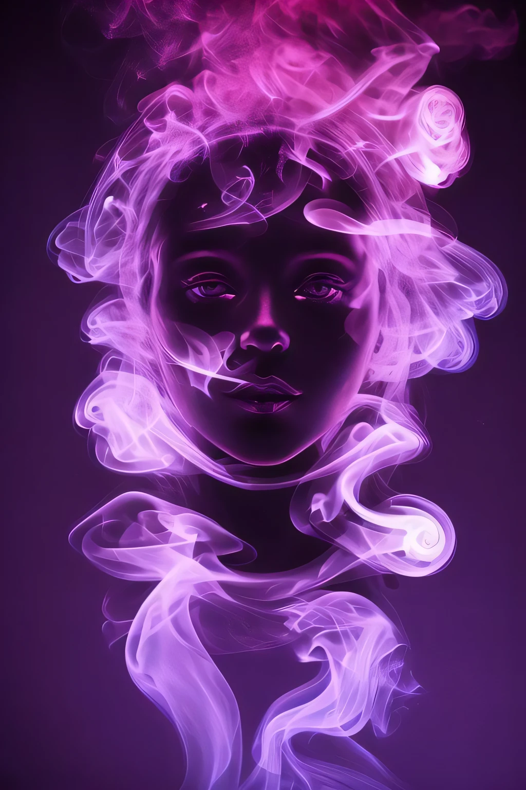 the body of a girl made of pink|purple smoke