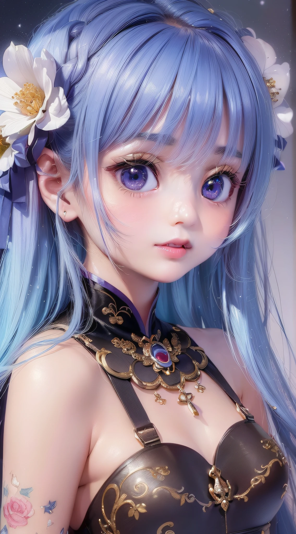 "((Picture Masterpiece) + (8K close-up) + (Global fine illumination) + (Reflected beautiful light) + (Soft light) + (Dream Light) + (Real skin) + (Cute ) + (Three-dimensional facial contour) + (Genshin Character - Koqing: 1.1) + (Beautiful Girl: 0.8) + (Goddess Guviz) + (Anime Goddess))"