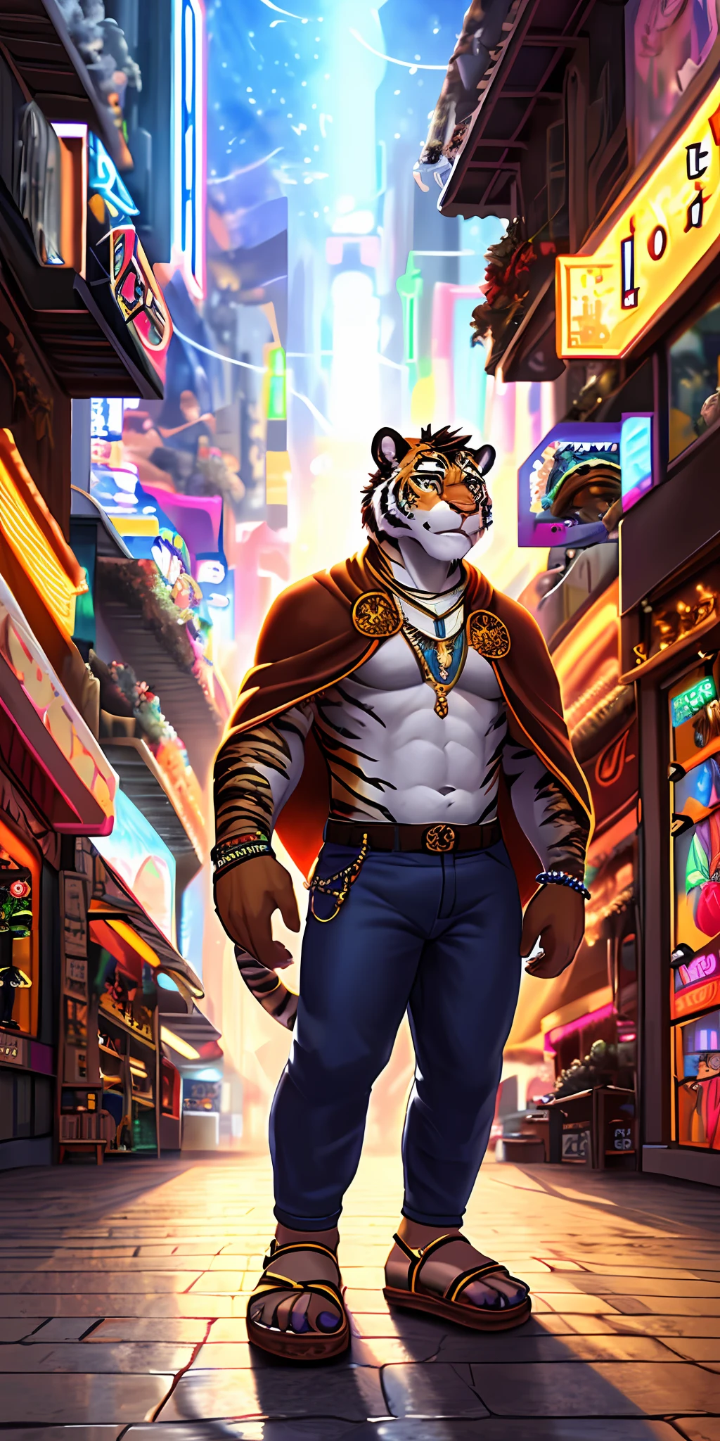 Anthro, white tiger, full body, male, hand paws, tail, strong, poncho, short pants, sandals, modern clothing, ornate clothing, necklace with jewelry, abdomen on display, innocent look, warm expression, hairy body, 8K, dynamic lighting, beautiful, ultra detailed, masterpiece, street of a futuristic city.