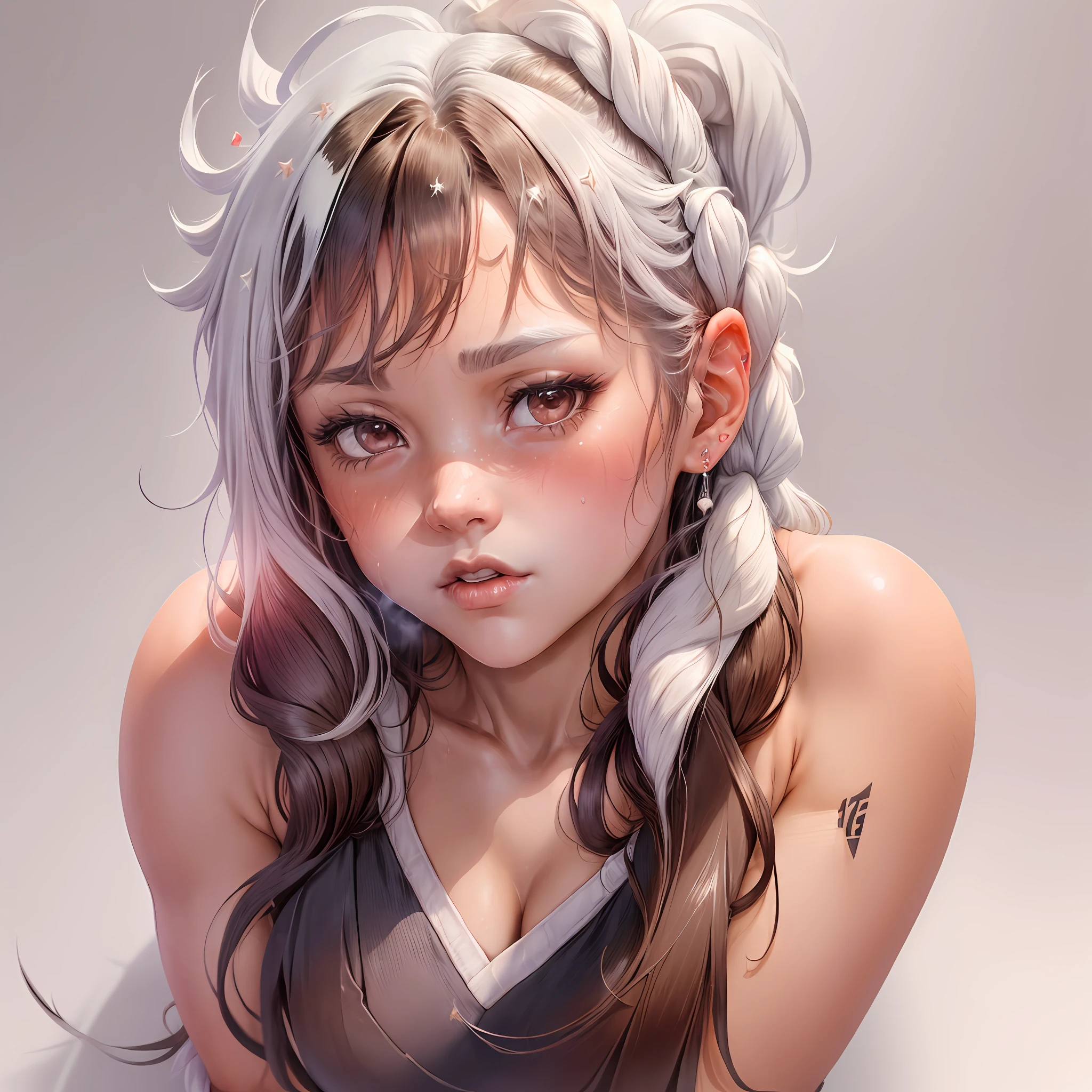 (((1 girl, full body, seductive pose, single))), tifa, final fantasy 7 remake, close up, potrait, super idol face, beautiful, pretty face, hanfu girl, masterpiece, seduction, adult, mature, reddish-brown eyes, (hard lights, hard shadow, key light, key light), headphones only, ear sticker, red earphones, { one earpiece}, left earphone, skin dents, shiny skin, glowing skin, sweaty, slim girl, ponytail, ((, very red blush, very sweaty, fresh, water drops, very sweaty, sweaty, water in the body, water in the hair, steaming))), side ponytail, office clothes, white clothes, reddish-brown eyes, {{{shade of brown hair}} }, big breasts, extra long hair, messy hair, shiny hair, (((((white background))))),