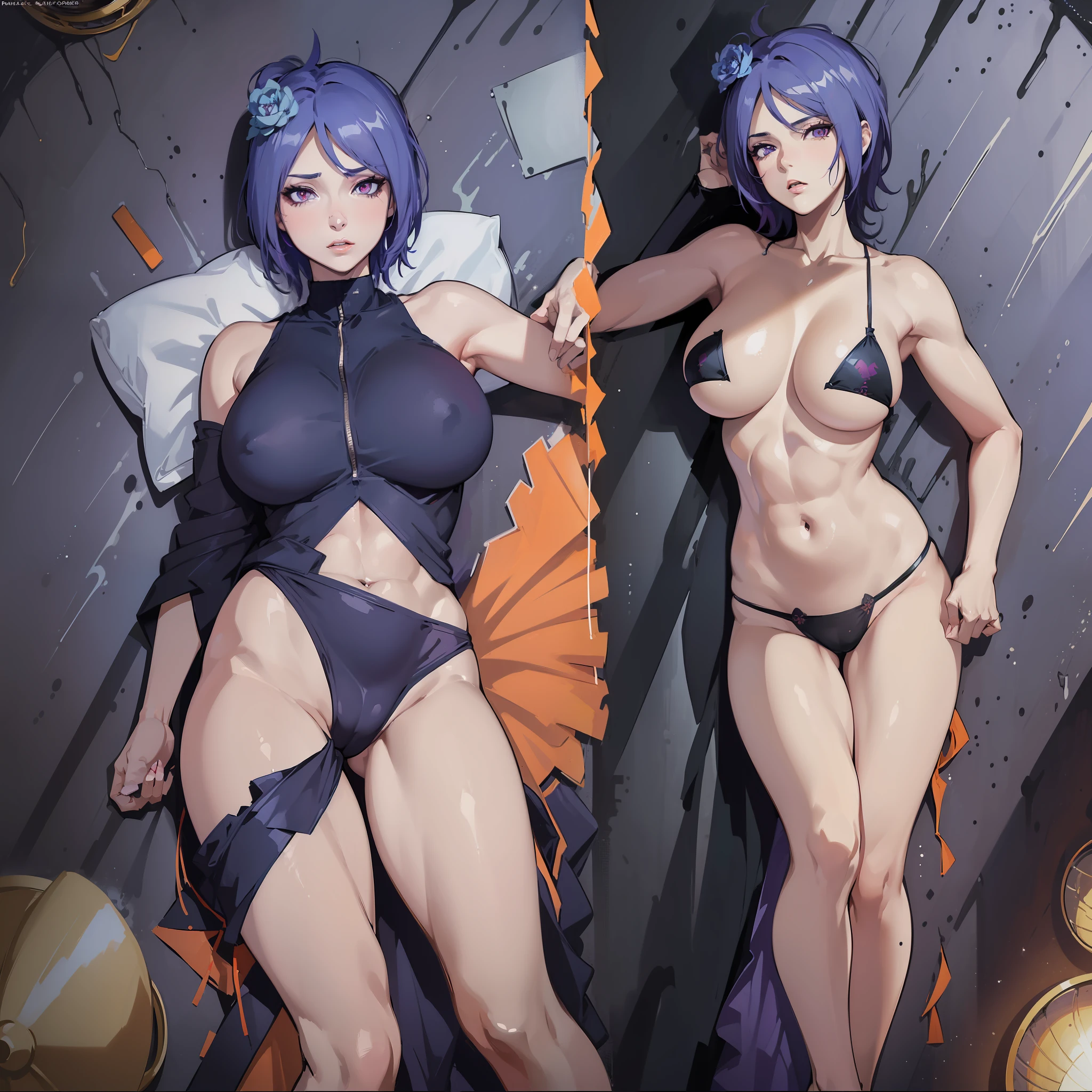 ((Best quality, 8k, Masterpiece :1.3)), dramatic lighting, Konan Naruto Akatsuki, beautiful woman, 1girl, huge breasts :1.3, (firm abs, slender figure :1.1), short purple hair, orange eye,(panties :1.1), ultra-detailed face, detailed lips, detailed eyes, double eyelid, bed, boudoir