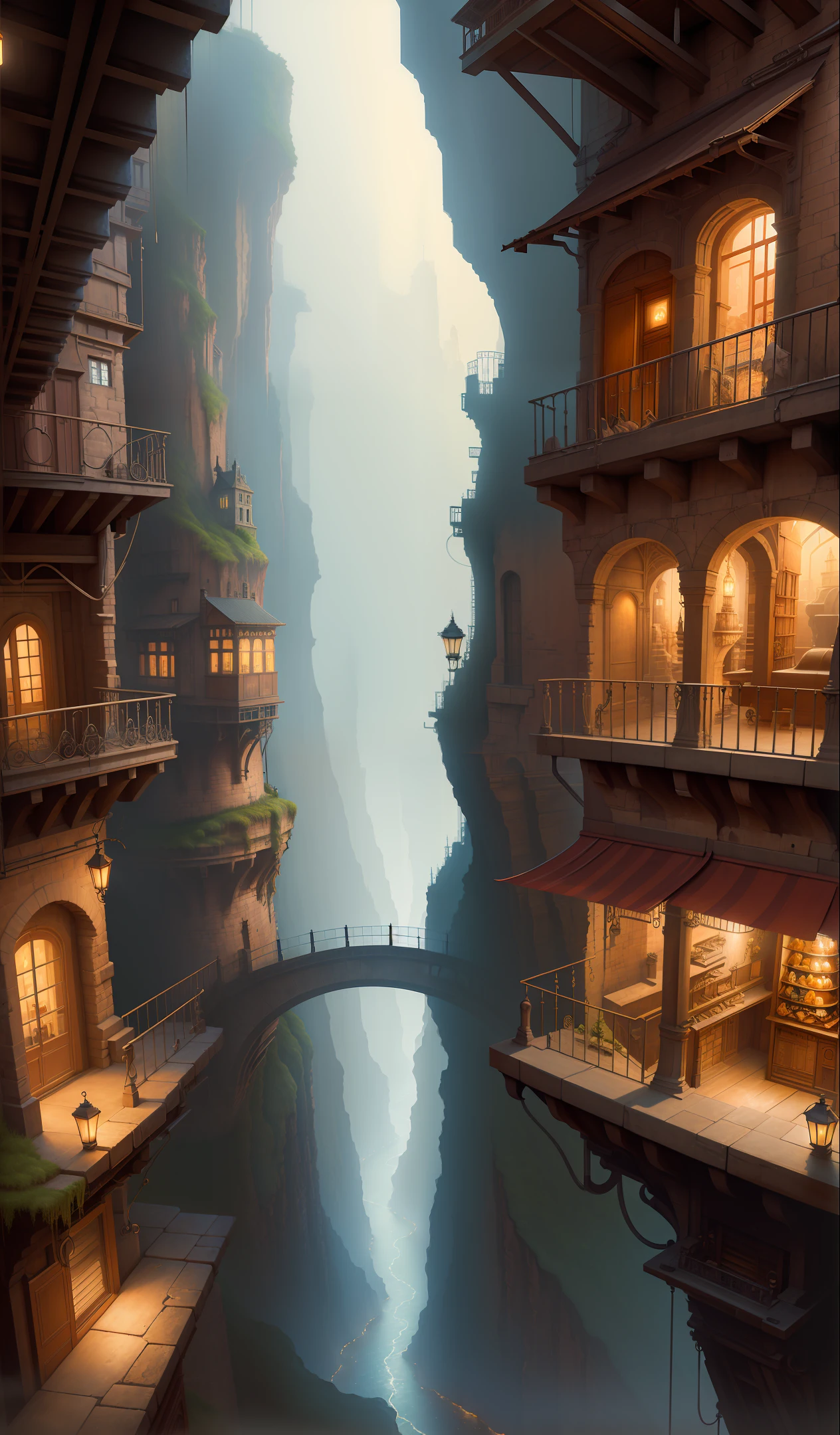 ((masterpiece)),((highest quality))),((high definition)),((real,)) Industrial age city, deep canyon in the middle, architectural street, bazaar, bridge, rainy day, steampunk, european architecture