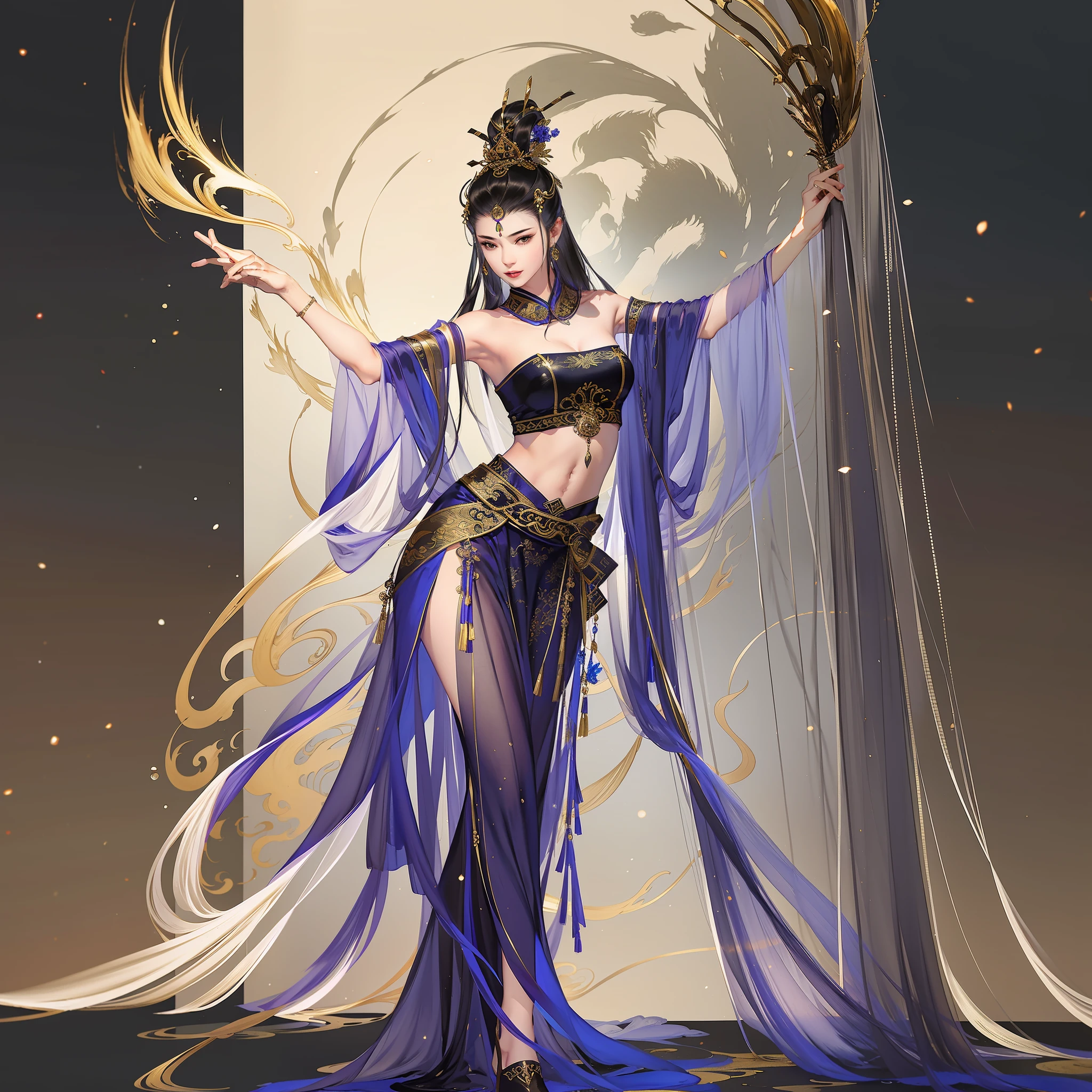 An ancient Chinese girl wearing an Indian dress, full body, exposed shoulders and navel, exotic, 3d model, dancing, amazing facial features, game model, stunning lighting, C4D, OC renderer, pure black background, movie edge light, fine light, masterpiece, super detail, epic composition, super hd, high quality, highest quality, 32k