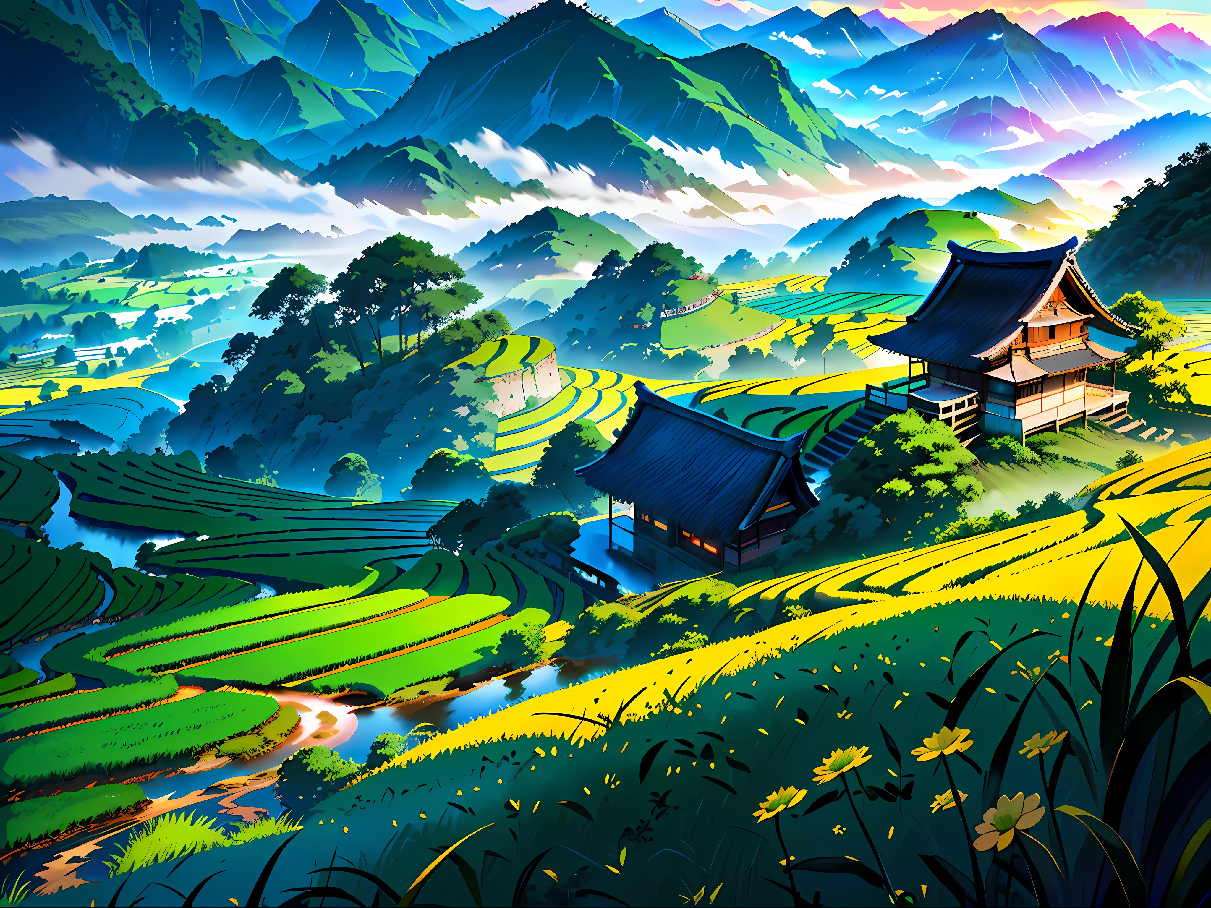Large expanses of terraced fields, mountains, huts, with rice fields, rice fields, neat rice seedlings in the fields, misty rain, villages, agriculture, in the tranquil landscape, misty weather, in the vast tranquil landscape, in the early morning, in the morning mist, behind a small village, mist, Japanese countryside, thatched roofs girl looking at that scene,8k, best quality, dark shot, digital render, professional, 4K,Detailed,Realistic,4k highly detailed digital art,octane render, bioluminescent, BREAK 8K resolution concept art, realism,by Mappa studios,masterpiece,best quality,official art,illustration,ligne claire,(cool_color),perfect composition,absurdres, fantasy,focused,rule of third