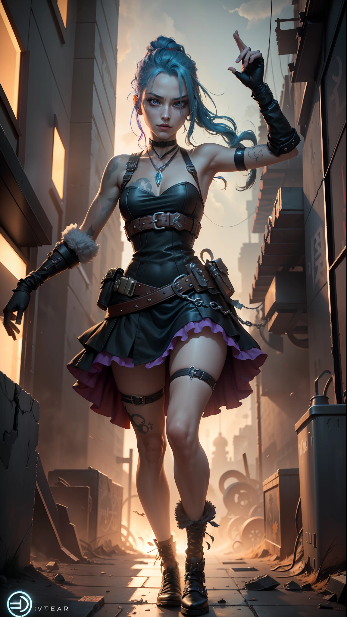 ((Best quality)), ((masterpiece)), (highly detailed:1.3), 3D, arcane style,In the dark and gritty dystopian city Piltover, plagued by violence and divided into two opposing factions, a young prodigy named Jinx emerges. Having endured unimaginable loss and abandonment, she has embraced a life of chaos and destruction. Known for her inventive and explosive abilities, Jinx becomes an icon of rebellion against the oppressive forces controlling the city. However, haunted by guilt and battling inner demons, she must confront her past and decide whether to continue down the path of anarchy or seek redemption amidst the turmoil. Explore the journey of Jinx as she navigates a treacherous world, fighting for survival, unraveling secrets, and discovering the true meaning of her twisted existencechaos reigns supreme, and at the heart of it all is Jinx, the embodiment of unpredictability. Delve deep into the twisted mind of Jinx, exploring the origins of her madness and the driving force behind her destructive nature. Unveil the moments that shaped her into the deranged and iconic character we know. Take us on a wild journey through the vibrant streets of Piltover and the grim underbelly of Zaun as Jinx wreaks havoc with her explosive arsenal. Can redemption ever find its way into Jinx's fractured soul? Or will she forever dance on the edge of sanity, embracing the chaos that fuels her very existence? The fate of Arcane hangs in the balance as Jinx's path intertwines with unlikely allies and formidable foes. Ignite your imagination and paint a vivid portrait of Jinx's twisted psyche, capturing the essence of her madness and the untamed spirit that defines her,HDR (High Dynamic Range),Ray Tracing,NVIDIA RTX,Super-Resolution,Unreal 5,Subsurface scattering,PBR Texturing,Post-processing,Anisotropic Filtering,Depth-of-field,Maximum clarity and sharpness,Multi-layered textures,Albedo and Specular maps,Surface shading,Accurate simulation of light-material interaction,Perfect proportion