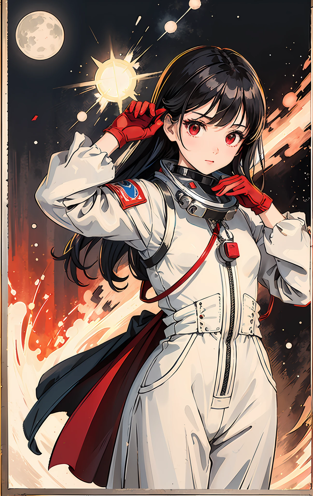 1girl, flat chested, cute, beautiful detailed eyes, shiny hair, visible through the hair, hair between the eyes, CCCPposter, sovietposter, red monochrome, Soviet poster, USSR, communism, black hair, red eyes, vampire ,girl,small breasts,spacesuit:Orange_clothing_body:jumpsuit ), white_gloves, white_space shoes, white_helmet, CCCP scarlet letters on the top of the helmet, weightlessness, Side light, reflection, the person in the spacesuit is at the bottom left of the picture, right hand outstretched, right hand Gently touch the Salyut space station), the space station in the upper right corner of the screen, the reflected light of the sun, silver metal, red flag, brilliance, Soviet style, diffuse reflection, metal texture, blue earth in the distance, mech style, star sea, high-profile, majestic