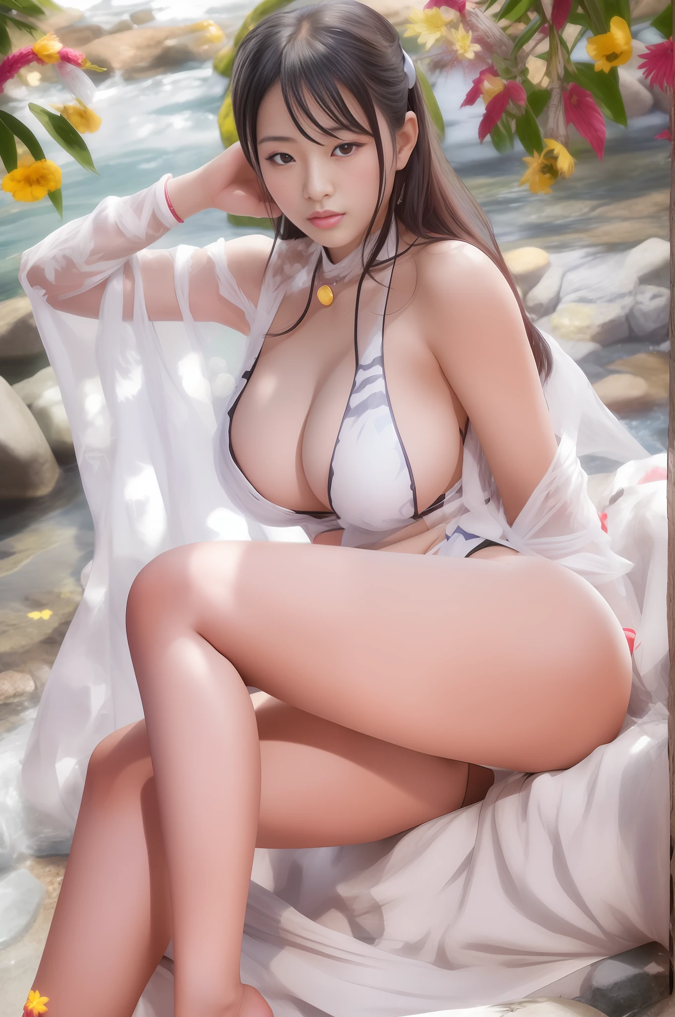 Araki Asian woman sitting on a rock in black bikini, beautiful and seductive anime woman, seductive anime girl, Japanese goddess, Yoko Matsune as Mai Shirai, popular on CGSTATION, realistic sexy gravure idol, popular on CGSTATION, realistic young gravure idol, hot sun, seductive portrait of Tifa Lockhart, beautiful and seductive anime , big breasts