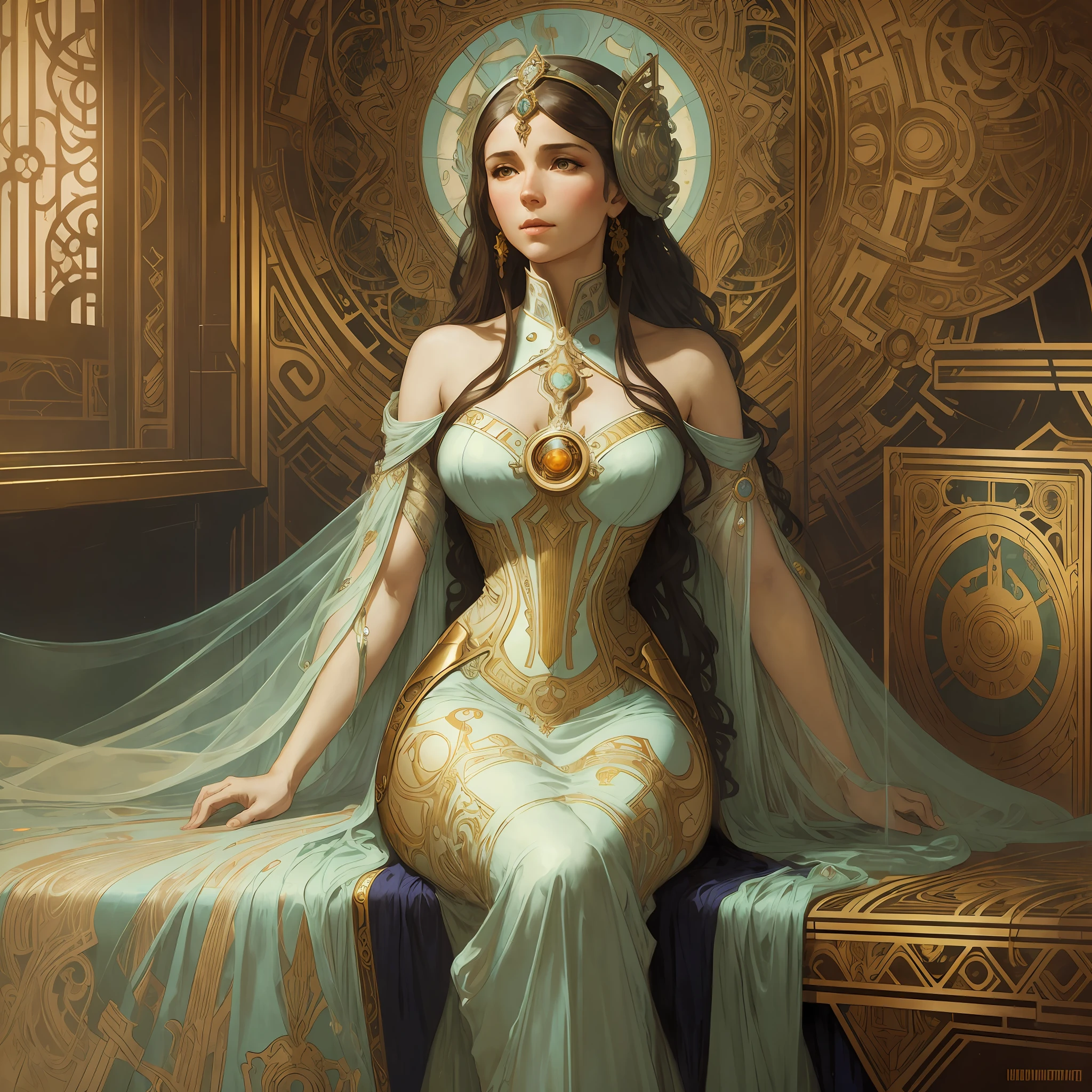 masterpiece, ultra-realistic singer wearing long dress, in a futuristic barperfect resolution, 8k, realistic details, by Alphonse Mucha, peter mohrbacher, by wlop, by ruan jia, by dmitry prozorov, by norman rockwell --auto --s2
