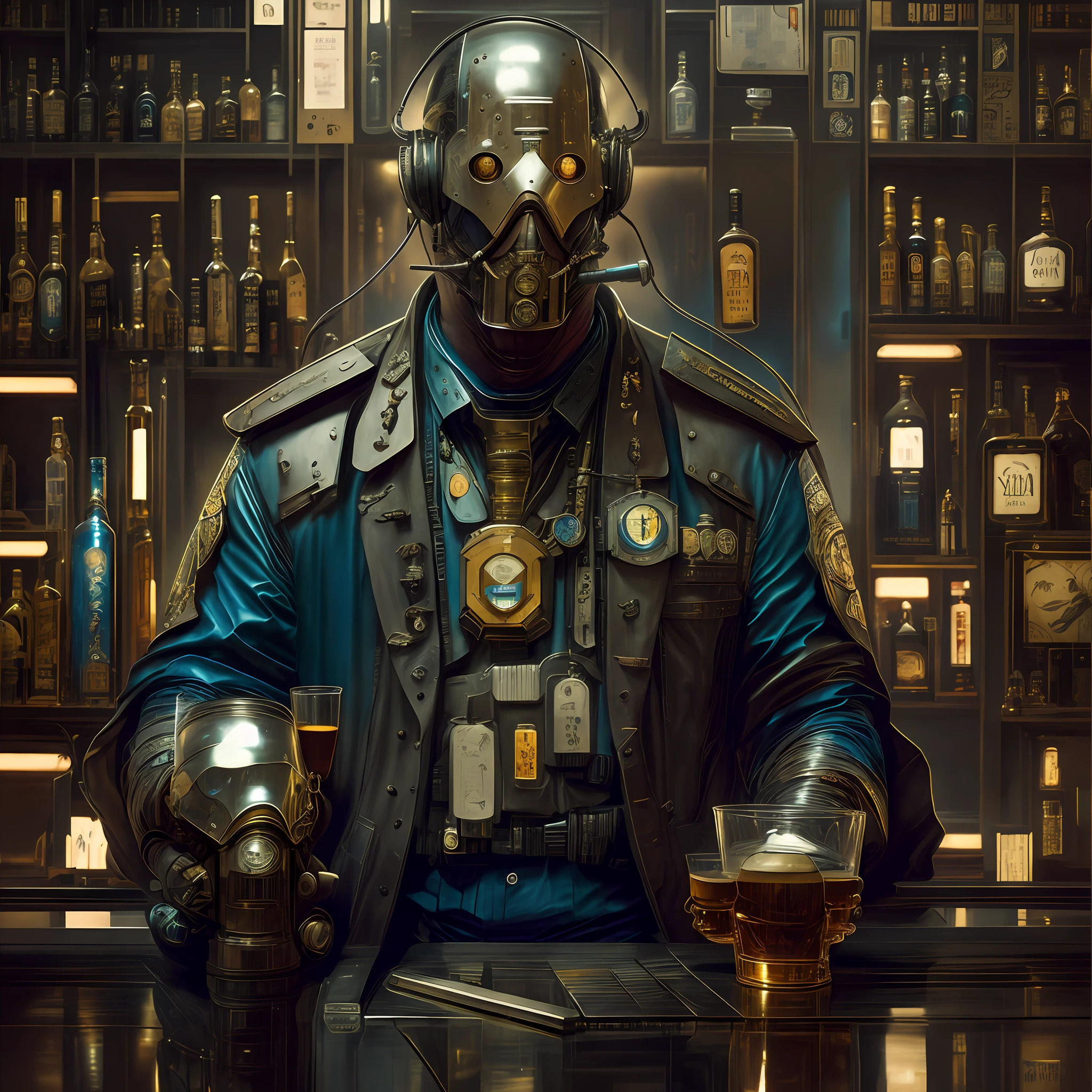 masterpiece, ultra realistic cyberpunk bar, detective man, 50 years old at the counter sipping whiskey, perfect resolution, 8k, realistic details, by Alphonse Mucha, peter mohrbacher, by wlop, by ruan jia, by dmitry prozorov, by norman rockwell --auto --s2