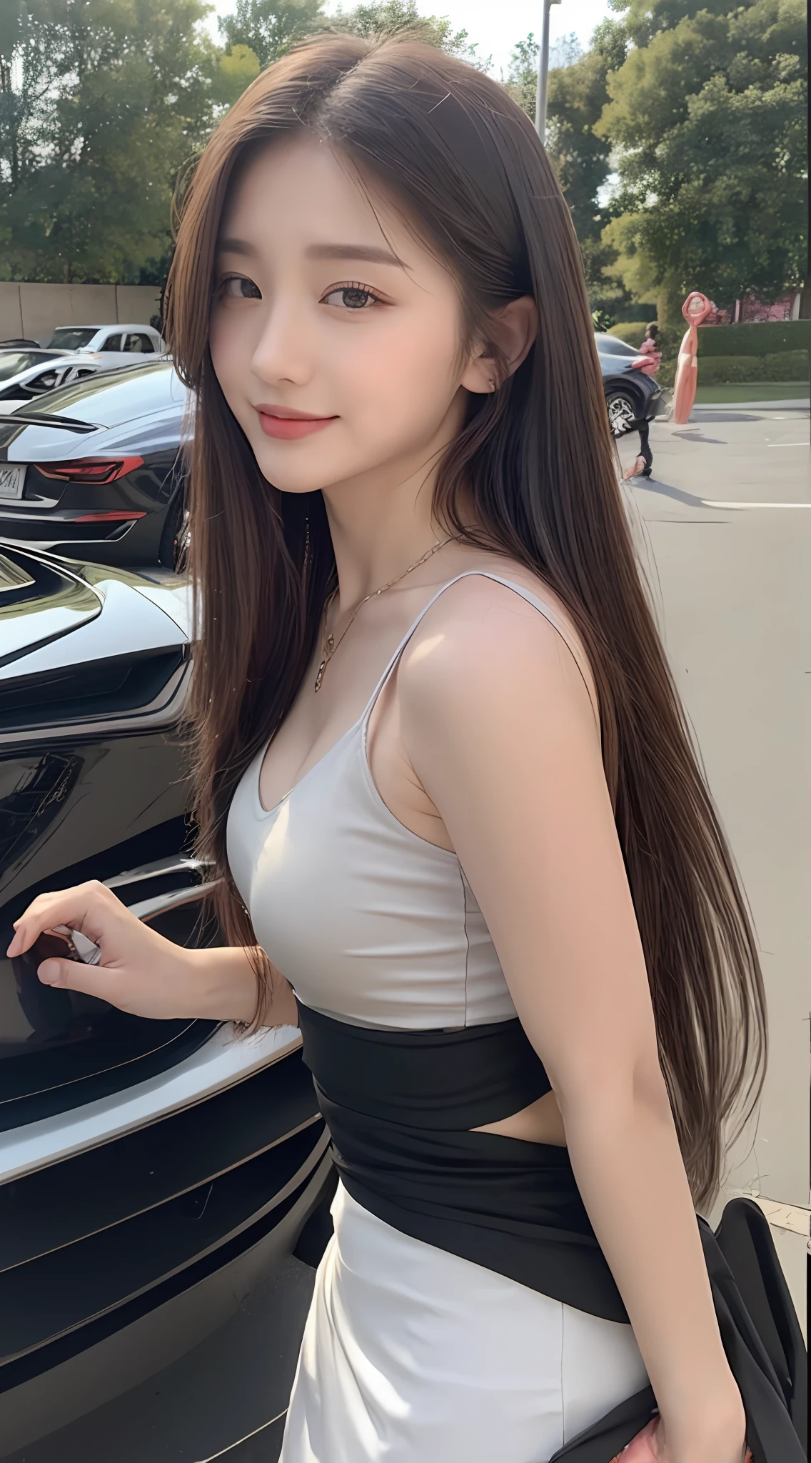 ((Best Quality, 8k, Masterpiece:1.3)), Focus:1.2, Perfect Body Beauty:1.4, Buttocks:1.2, ((Delicate Long Hair)), (JK Clothing Black Silk:1.1) , (Sports car, street: 1.3), Highly detailed face and skin texture, Fine eyes, Double eyelids, Whitening skin, Smile, wearing necklace, ring, next to the morning sports car,