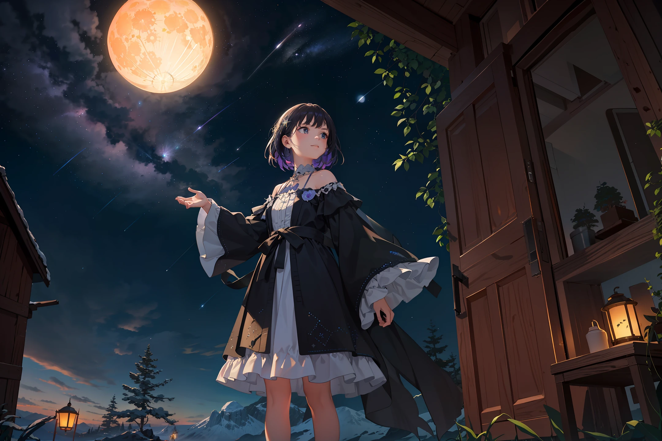 Expansive landscape photograph, (view from below with a view of the sky and wilderness below), little girl standing in a flower field looking up, (full moon: 1.2), (shooting star: 0.9), (nebula: 1.3), distant mountain, tree break production art, (warm light source: 1.2), (firefly: 1.2), lamp, purple and orange, intricate detail, volume lighting, realism break (masterpiece: 1.2) (Best Quality), 4K, Ultra-Detailed, (Dynamic Configuration: 1.4), Highly Detailed and Colorful Details, (Iridescent Colors: 1.2), (Glowing Lighting, Atmospheric Lighting), Dreamy, Magical, (Solo: 1.2)