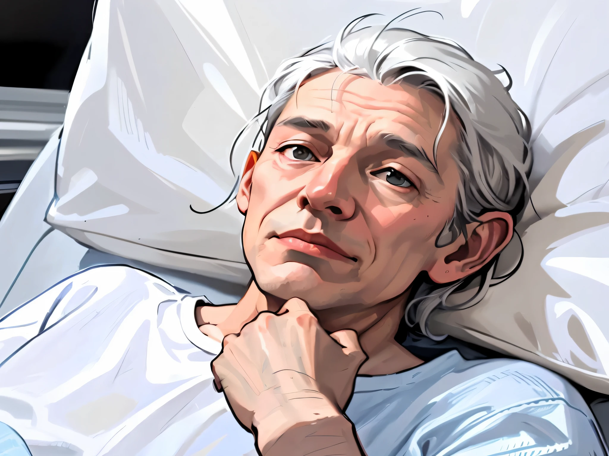 there is a man laying in a bed with a pillow, frail, digitally painted, martin ansin artwork portrait, full color illustration, nft portrait, xqc, someone in home sits in bed, relaxed dwarf with white hair, drawn with photoshop, full color digital illustration, stylized digital illustration, inspired by John Cale, ultra realistic illustration
